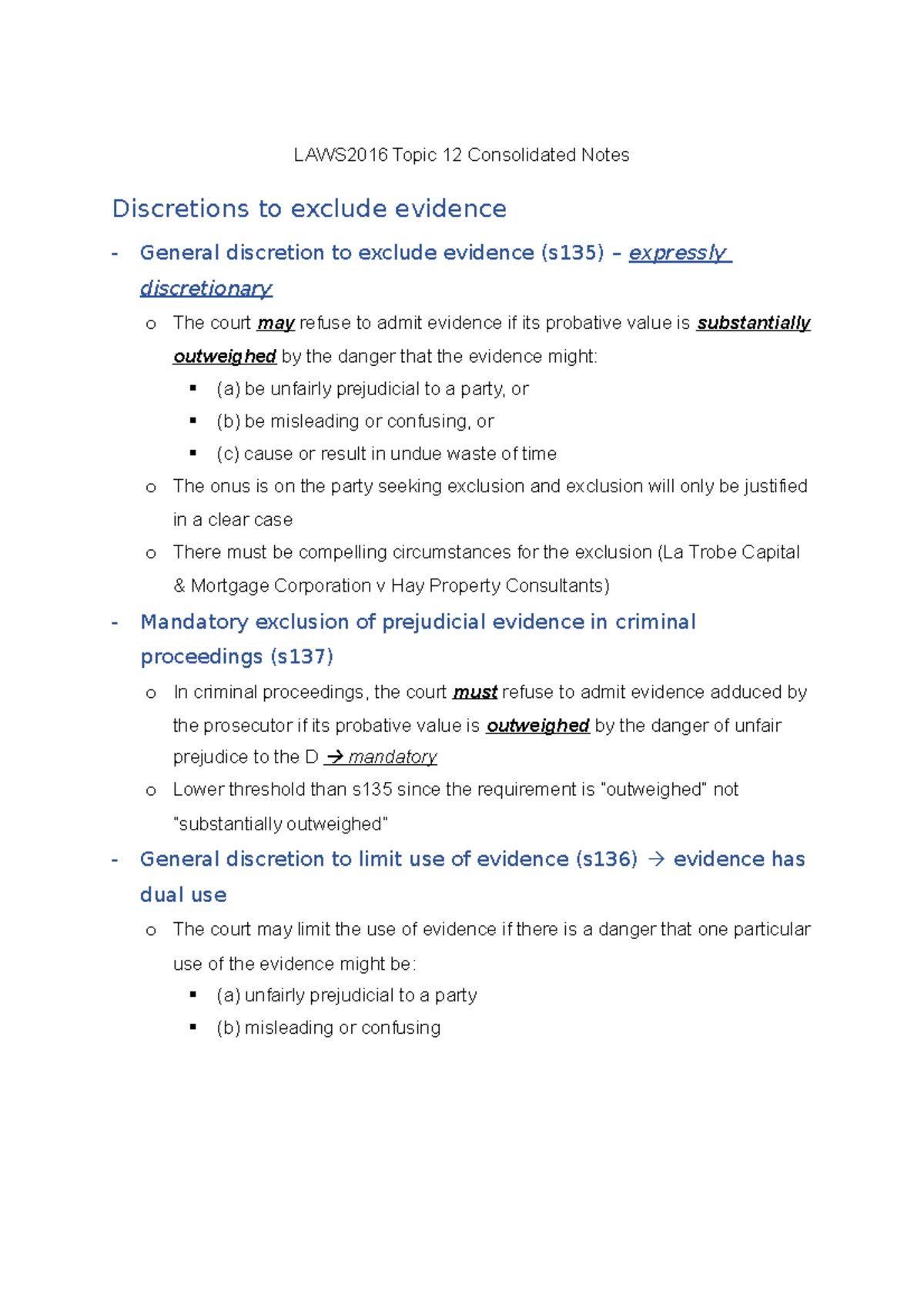 LAWS2016 Topic 12 Consolidated Notes This evidence will be