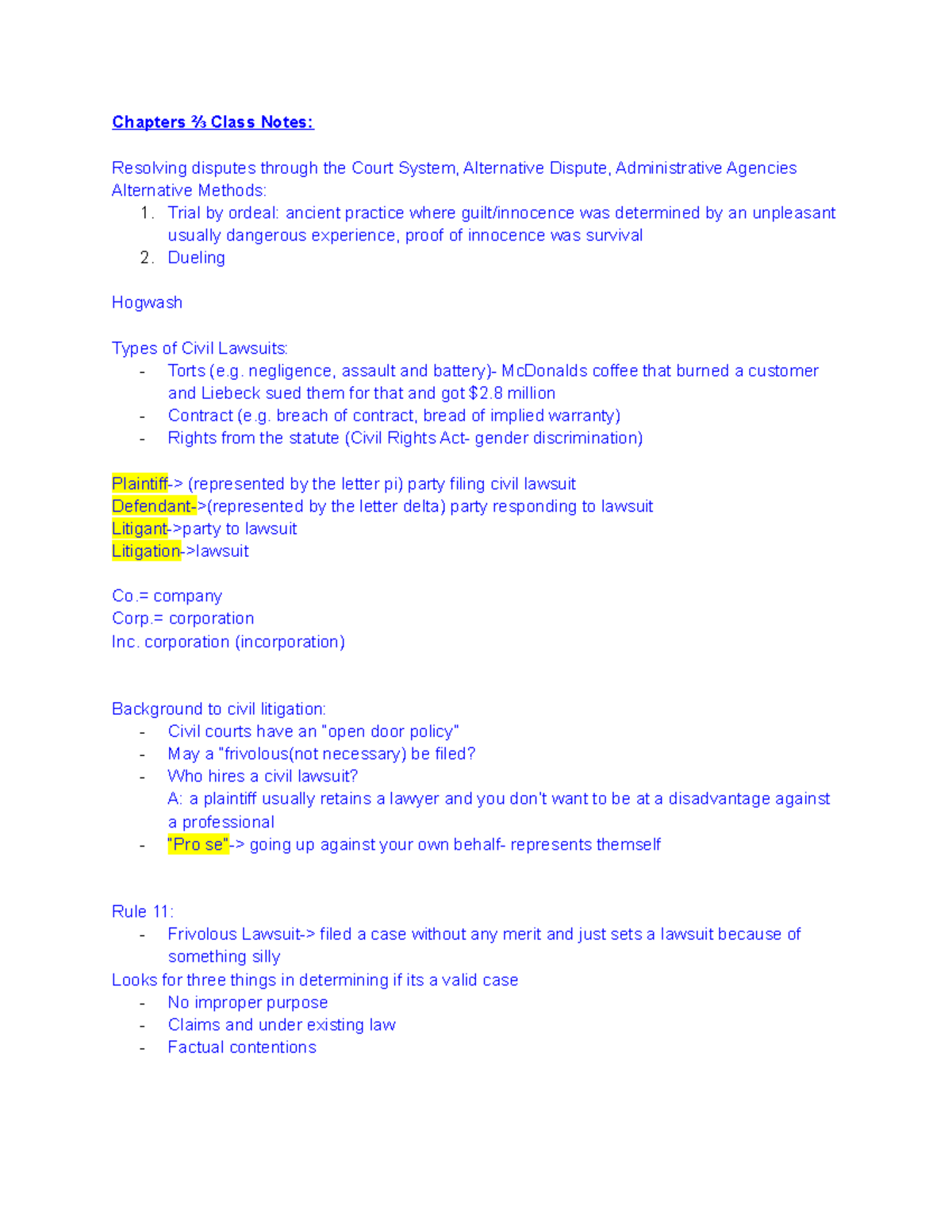 BLAW Chapter 2 3 Notes - Chapters ⅔ Class Notes: Resolving disputes ...
