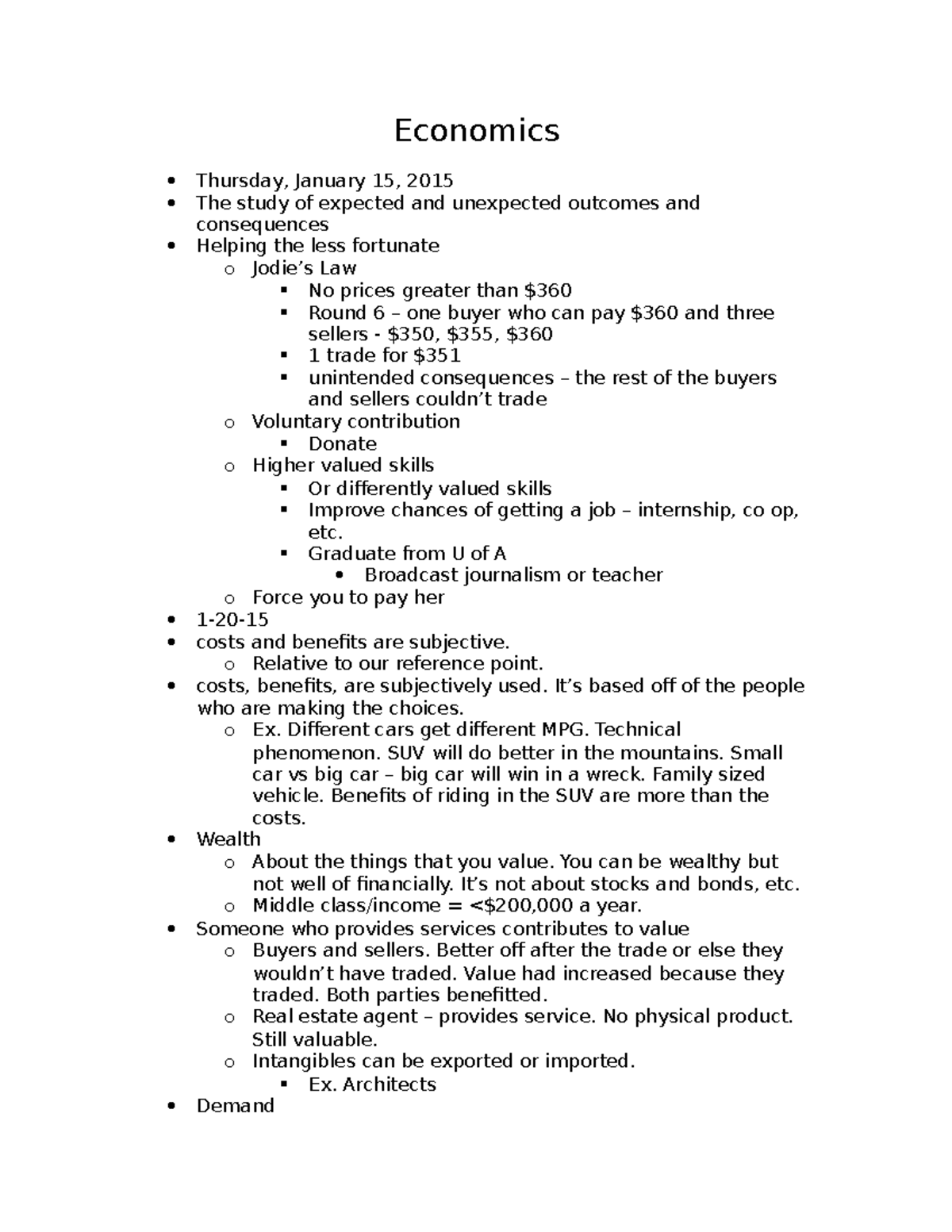 Economics Lecture notes 145 Economics Thursday, January 15, 2015