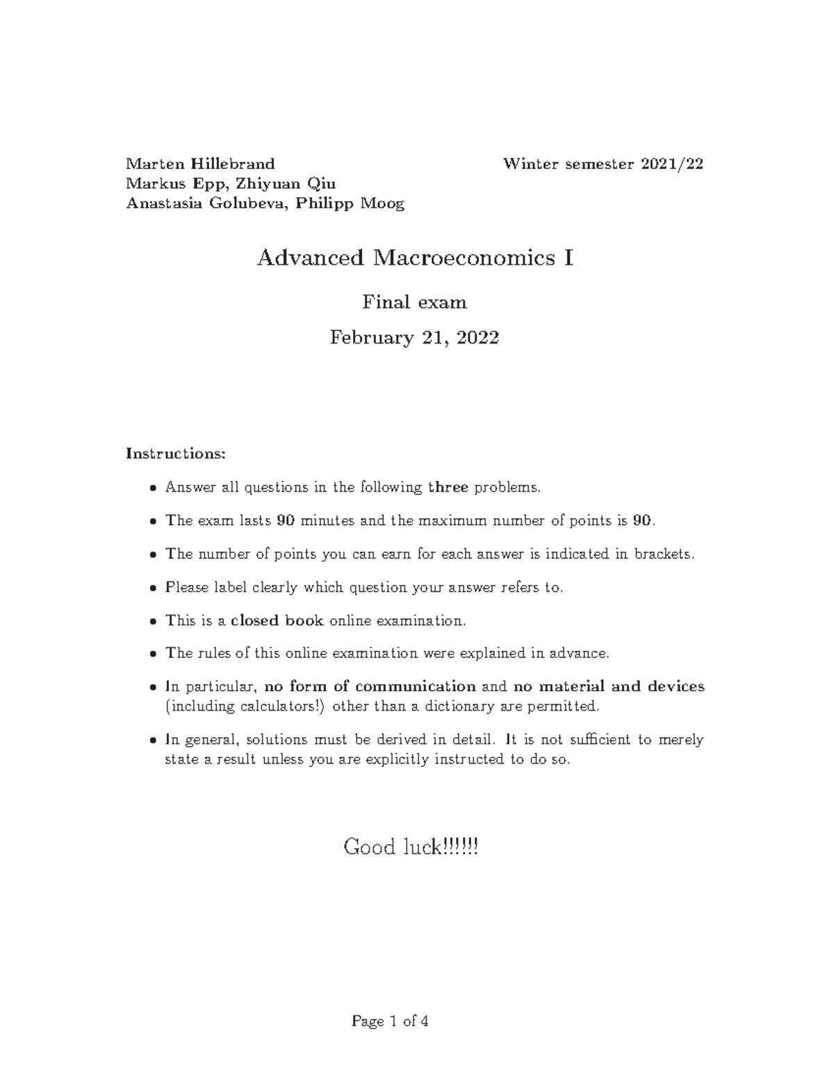 Advanced Macroeconomics I Final exam - Marten Hillebrand Winter ...