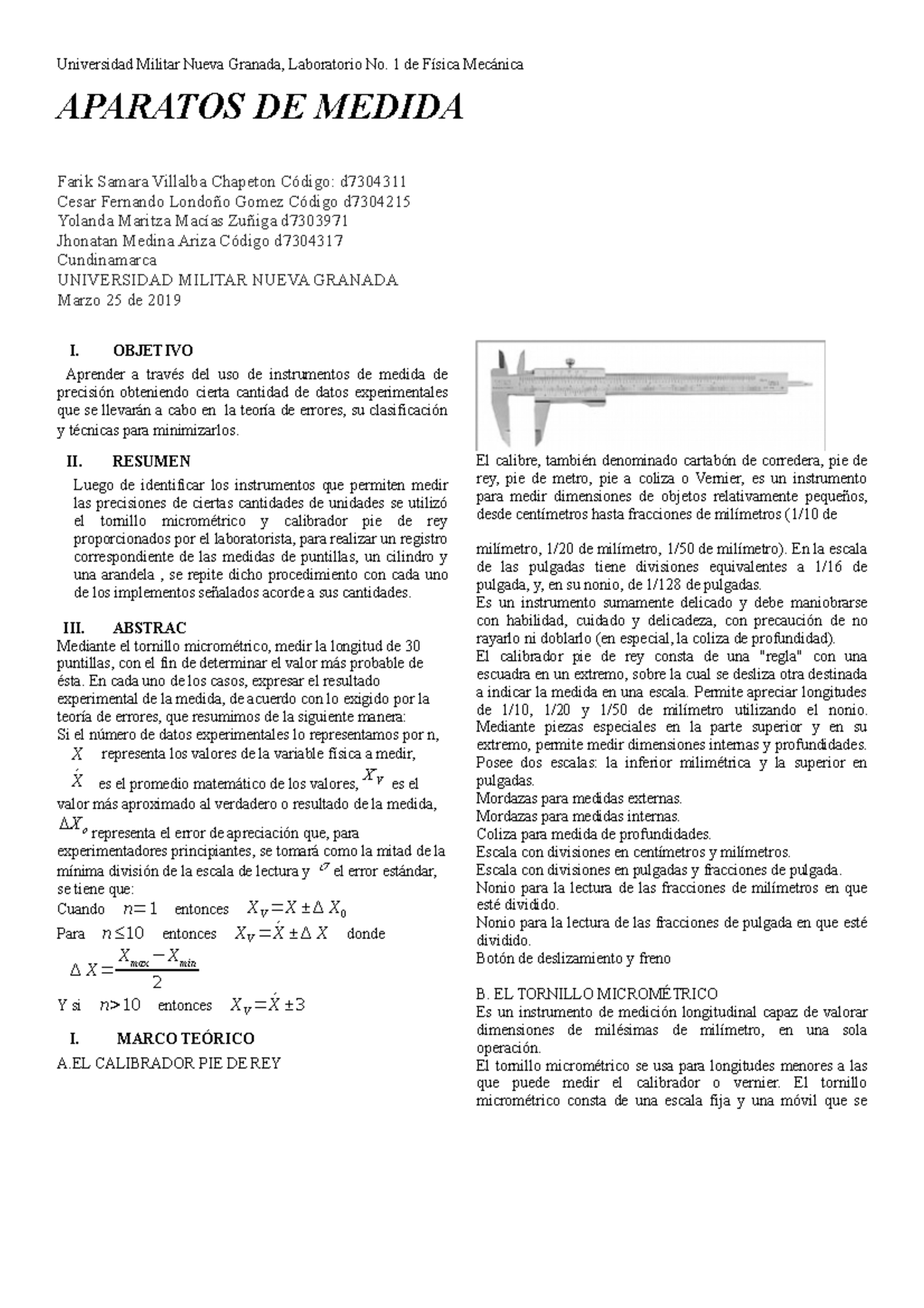 Informe 1 2 Laboratorio 1 Y 2 Física Mecánica Aparatos De Medida