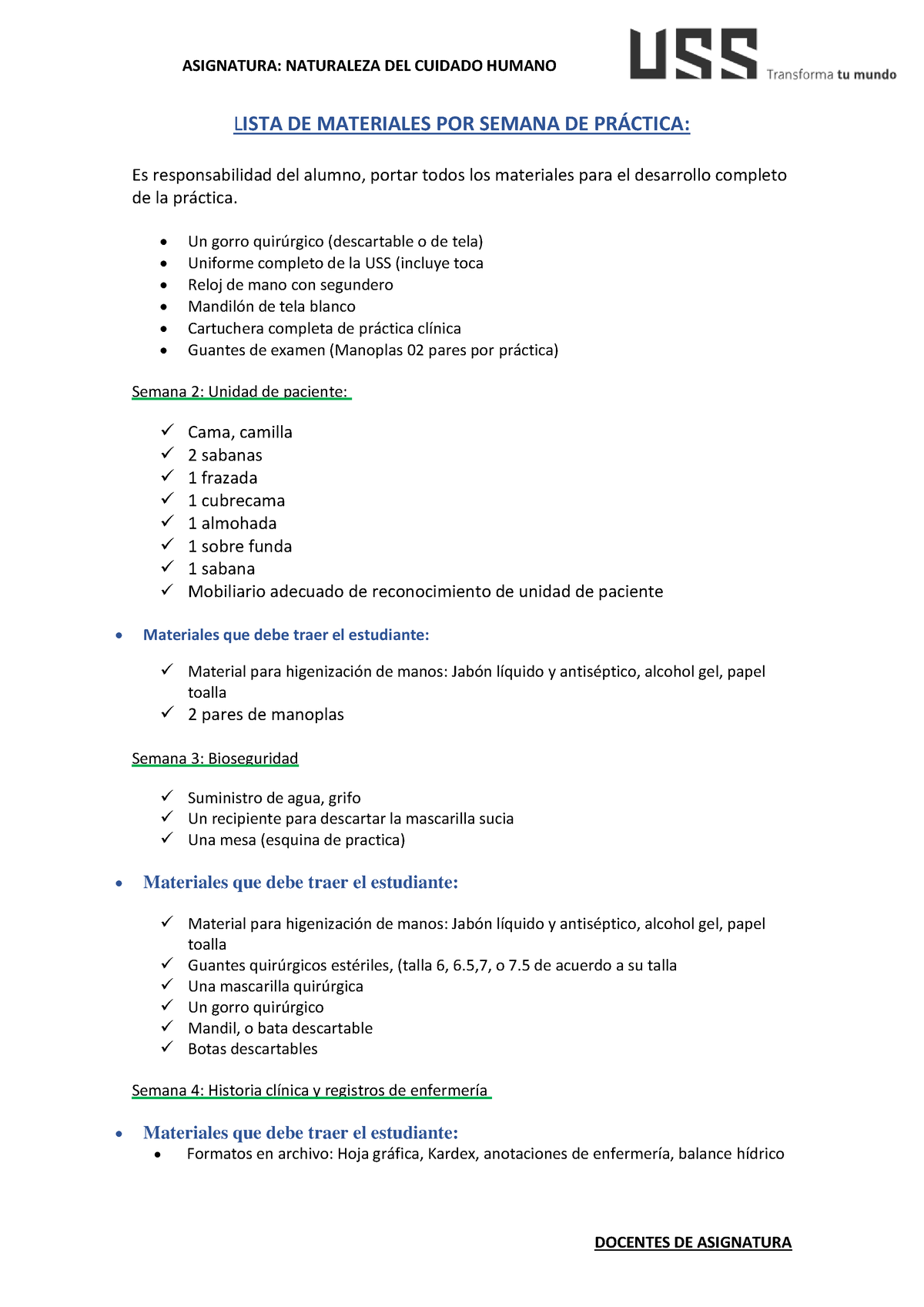 Listado DE Materiales DE Practica - 2023 -I - LISTA DE MATERIALES POR ...