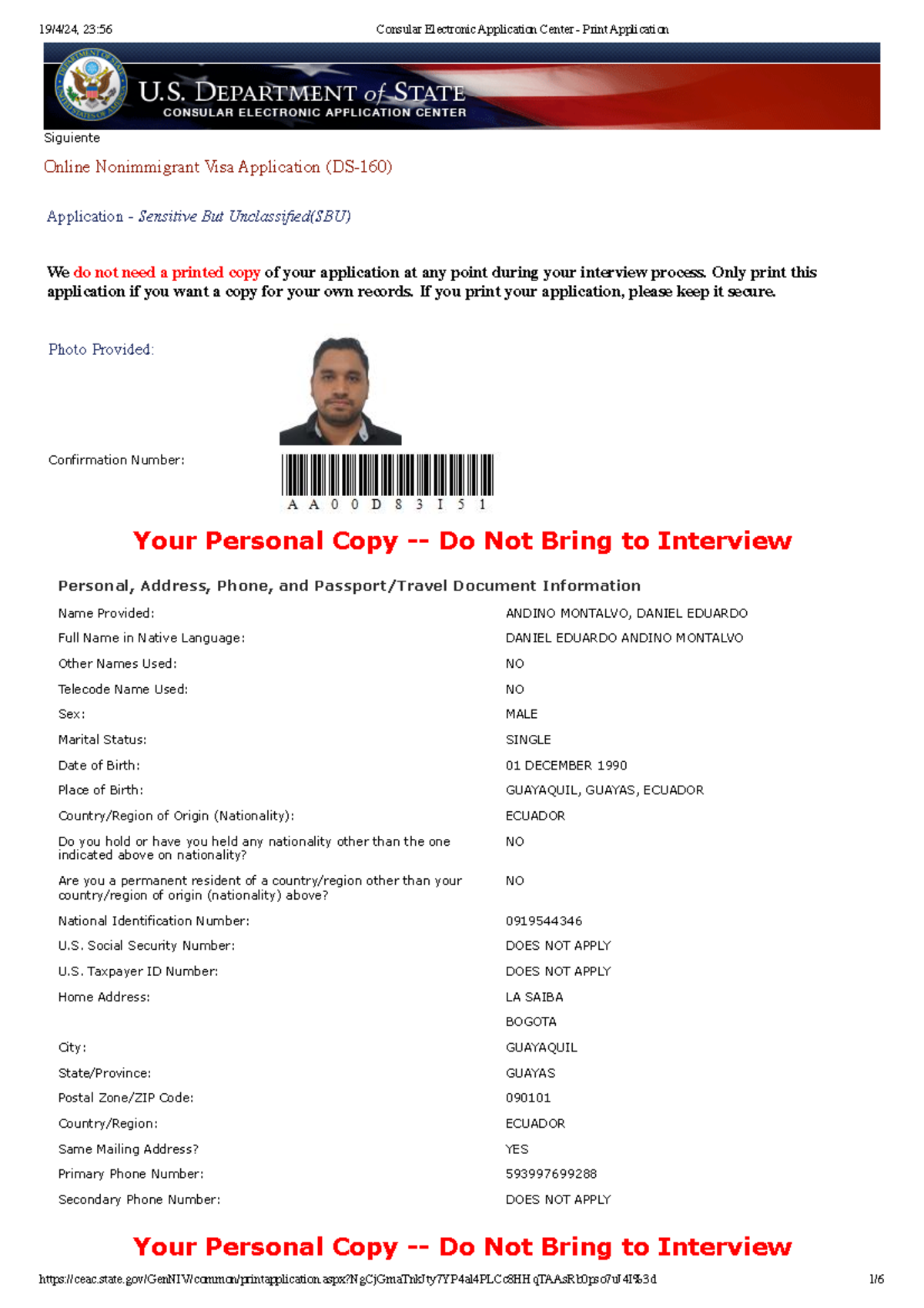 Consular Electronic Application Center Print Application Siguiente