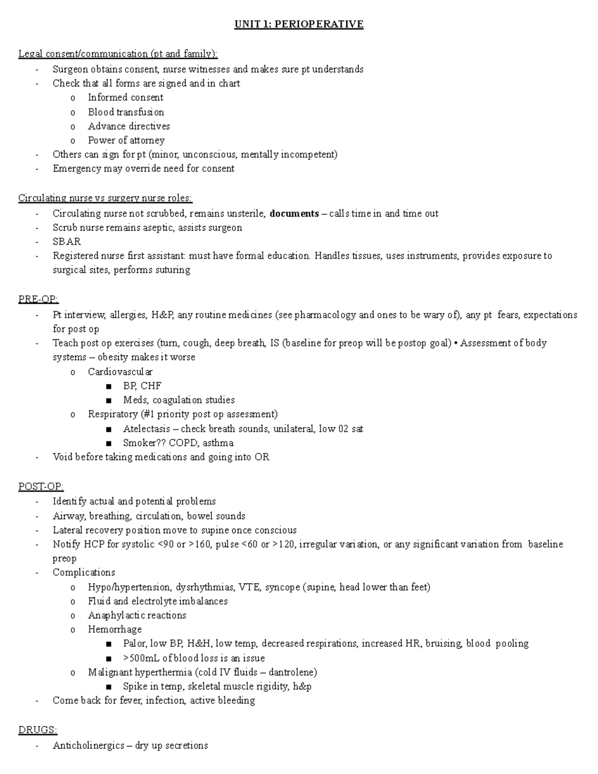 Final Study Guide - UNIT 1: PERIOPERATIVE Legal consent/communication ...