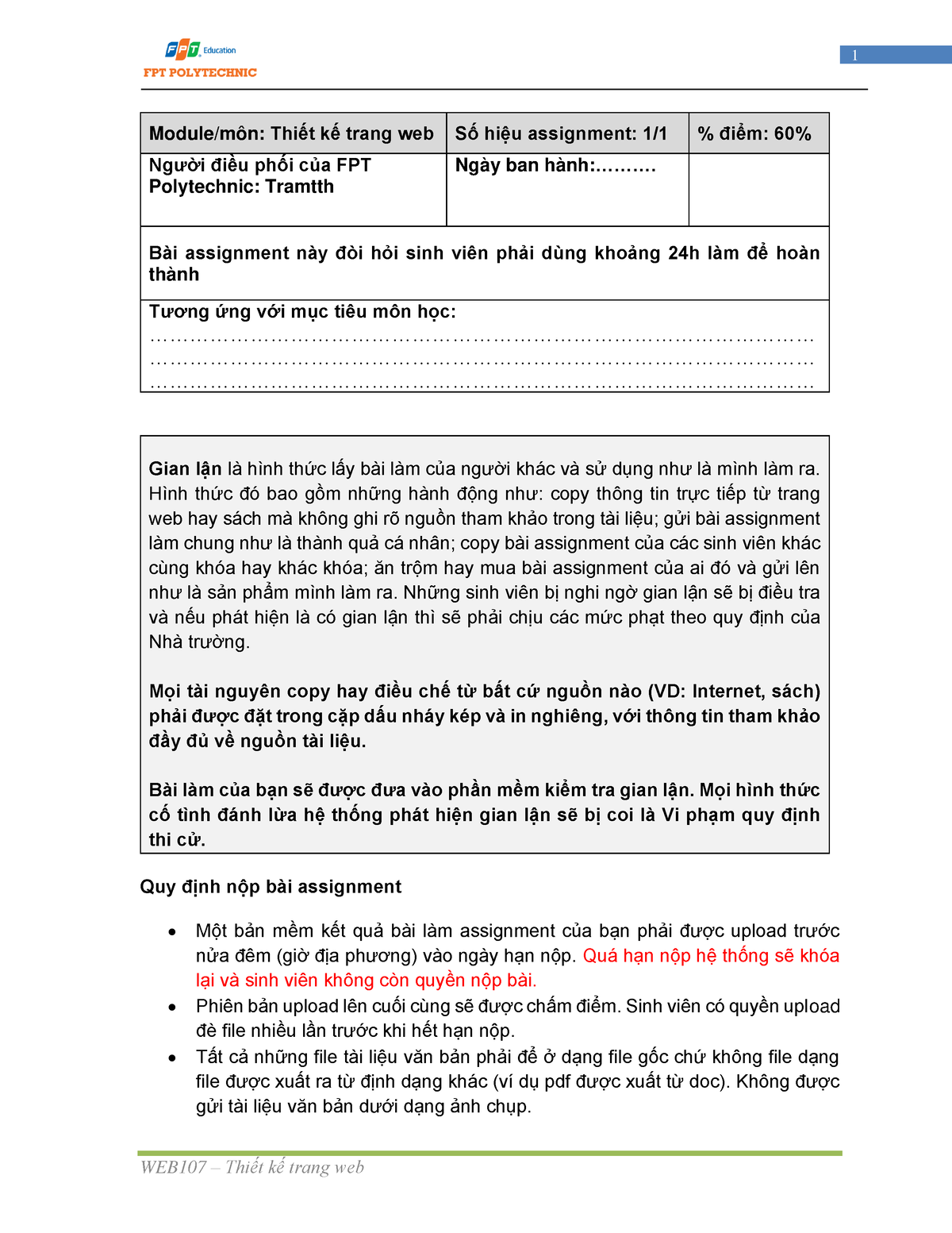 WEB107 - Thi T K Trang Web - Assignment - Module/môn: Thiết Kế Trang ...