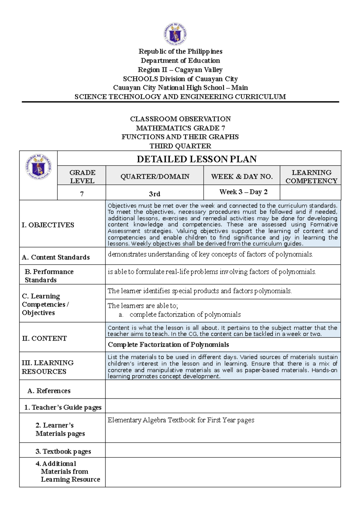 Algebra complete factorization - Republic of the Philippines Department ...