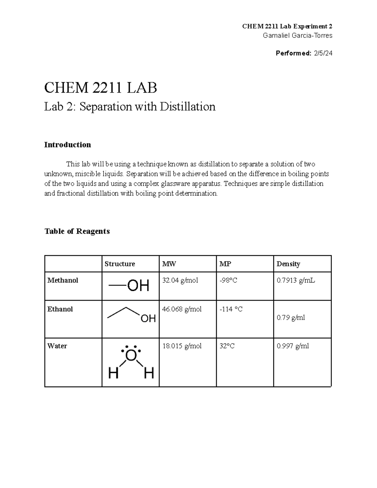 CHEM 2211 LAB 22 Gamaliel GarciaTorres Performed 2/5/ CHEM 2211
