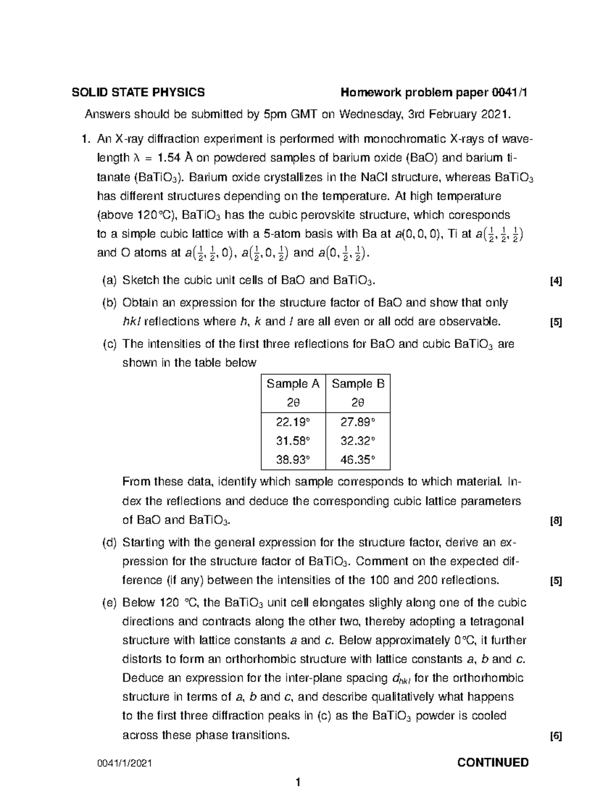 PS1 2021 - First problem sheet questions. - SOLID STATE PHYSICS ...