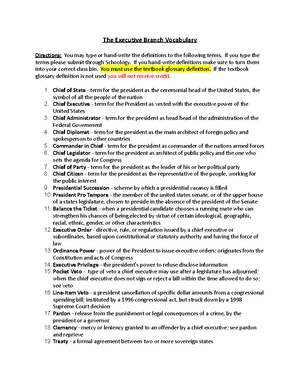 Executive Branch Vocabulary - 14141266 - The Executive Branch Vocabulary  Directions: You may type or - Studocu
