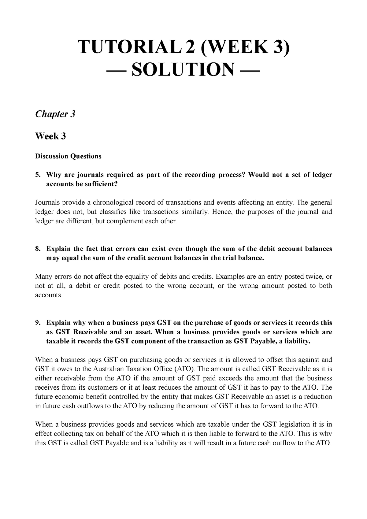 Tutorial 2 (Week 3) Solution - TUTORIAL 2 (WEEK 3) — SOLUTION — Chapter ...