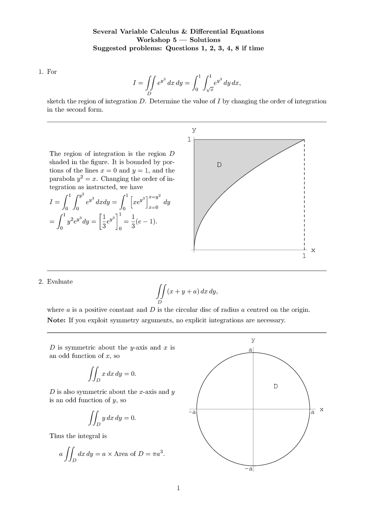 Workshop Solutions 4 Several Variable Calculus Amp Differential Equations Workshop 5 Solutions Studocu