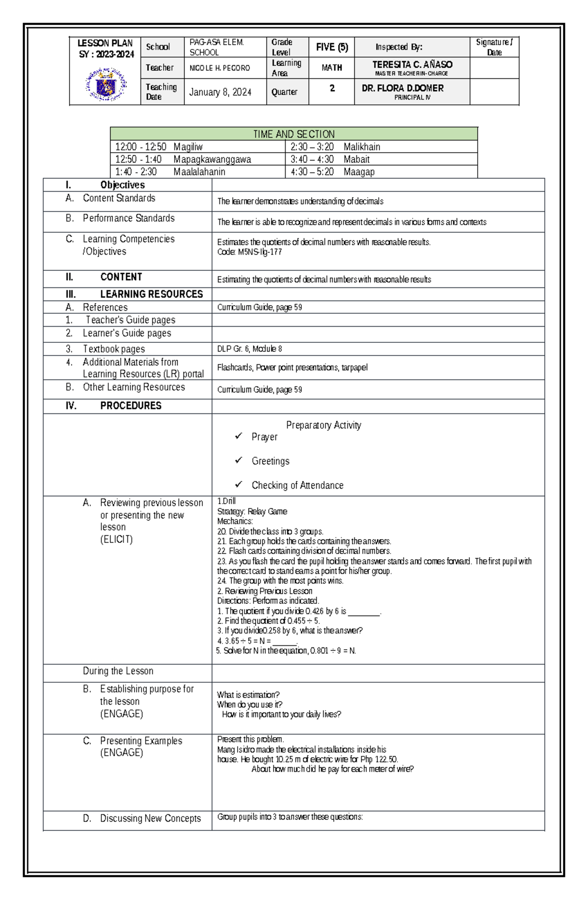 LP - JAN. 8, 2024 - LESSON PLAN - TIME AND SECTION 12:00 - 12:50 ...