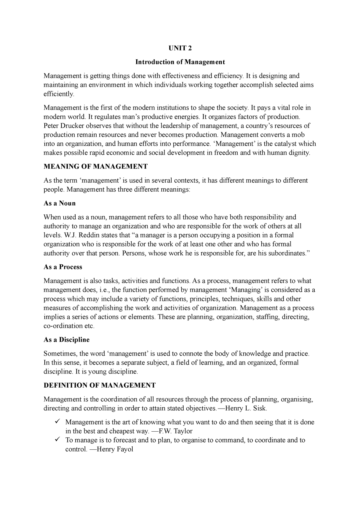 UNIT 2 - Notes - UNIT 2 Introduction Of Management Management Is ...