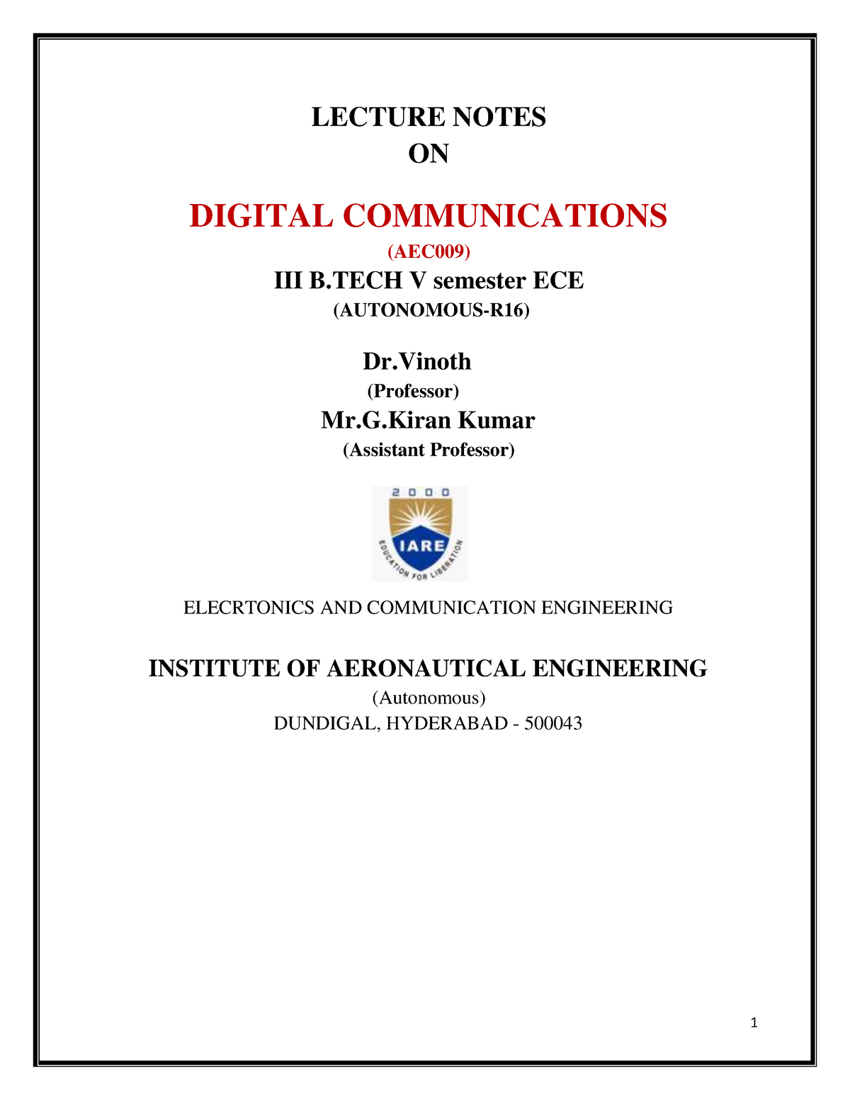 Iare-dc Lecture Notes Final - LECTURE NOTES ON DIGITAL COMMUNICATIONS ...