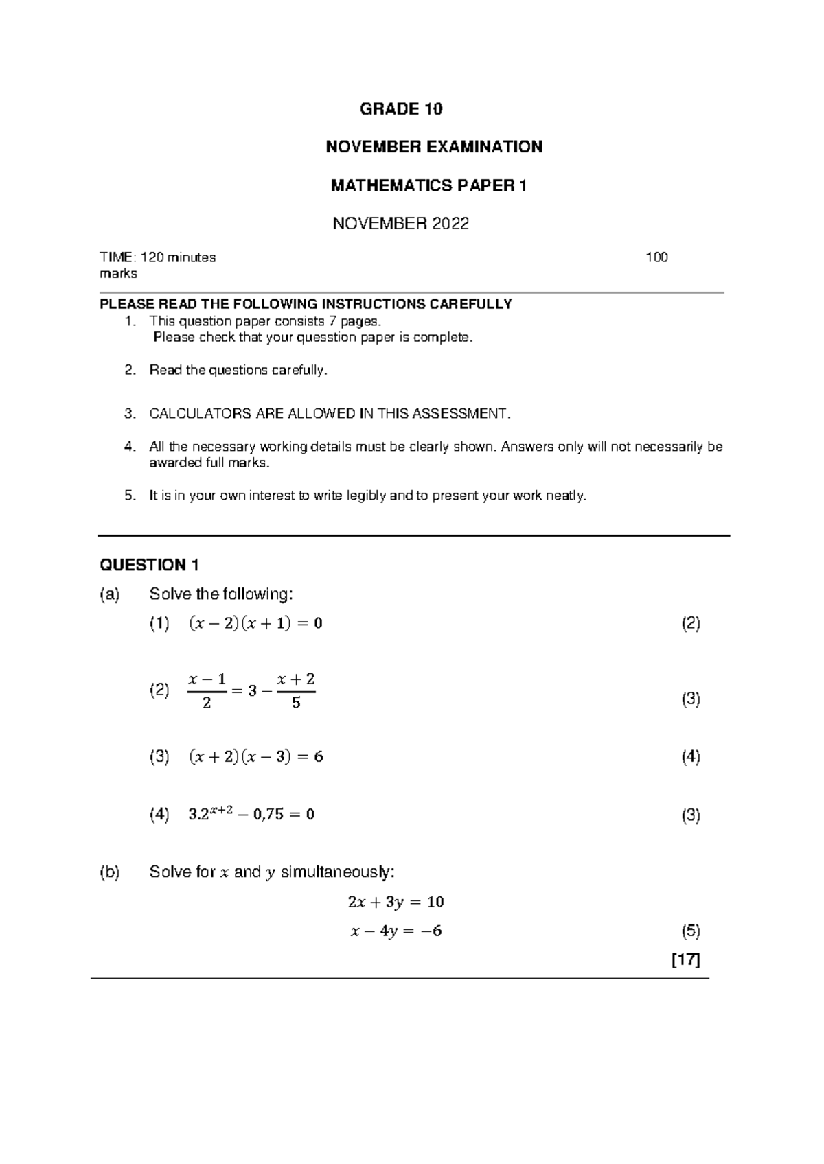 Grade 10 Paper 1 November 2022 - GRADE 1 0 NOVEMBER EXAMINATION ...