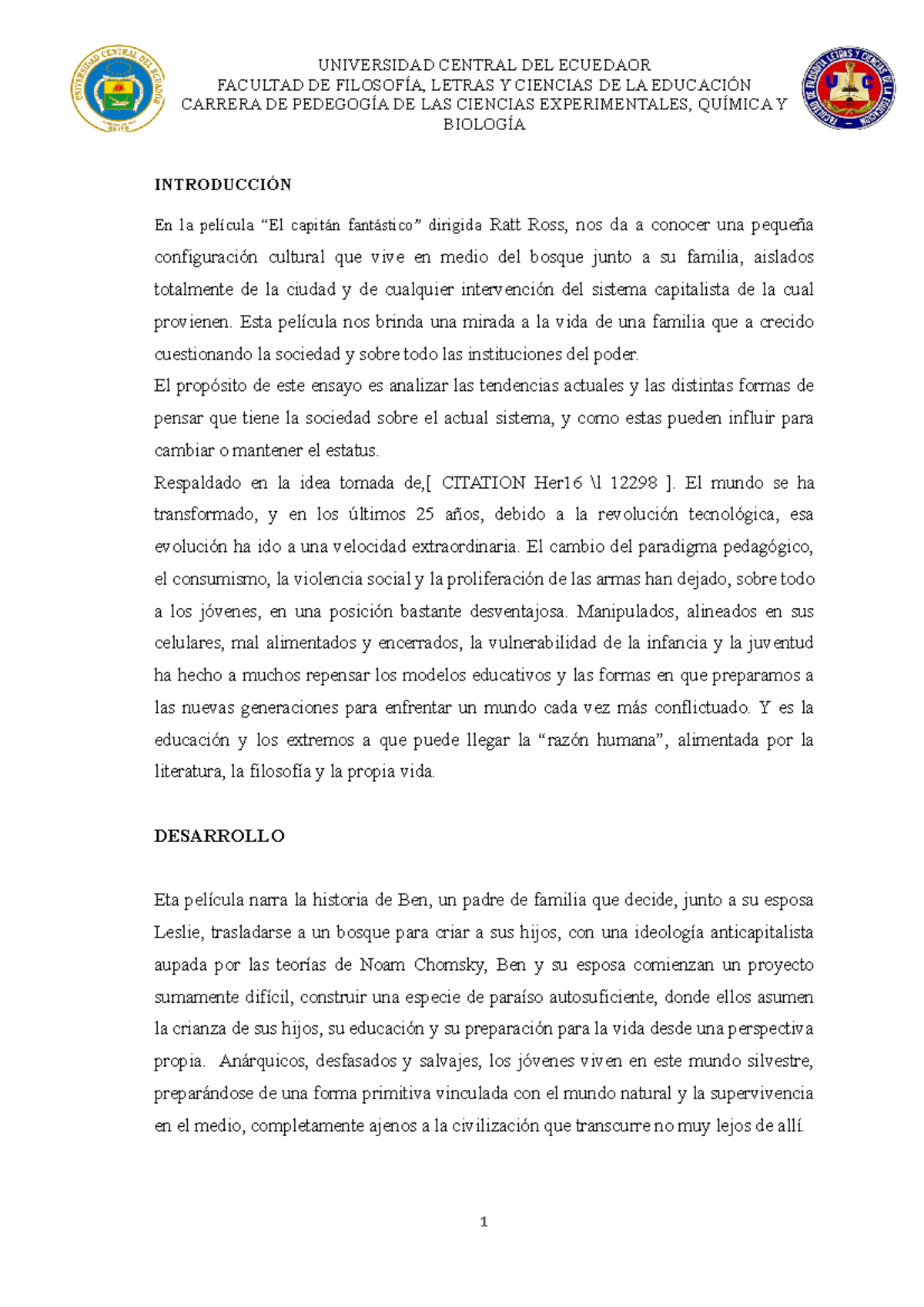 Ensayo Capitan Fantastico Universidad Central Del Ecuedaor Facultad De Letras Y Ciencias De La Studocu
