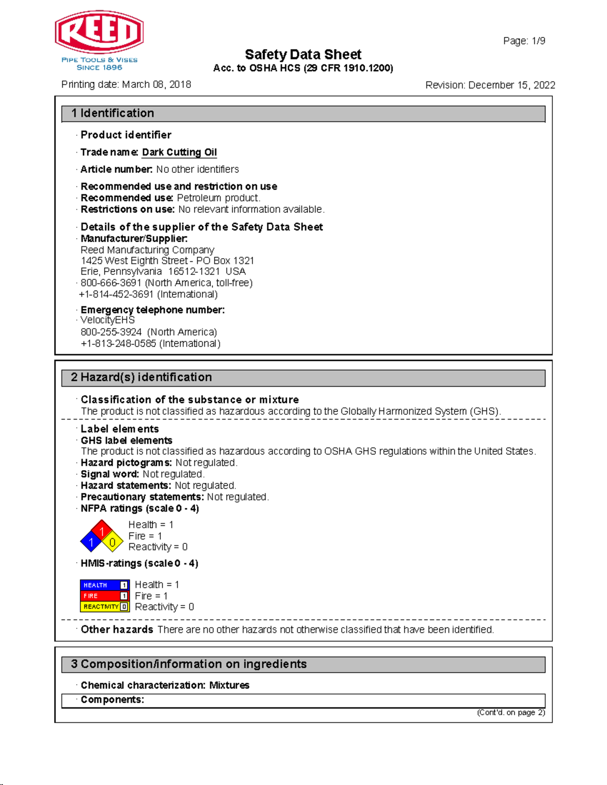 SDS Dark Cutting Oil 3 18 - Safety Data Sheet Acc. to OSHA HCS (29 CFR ...