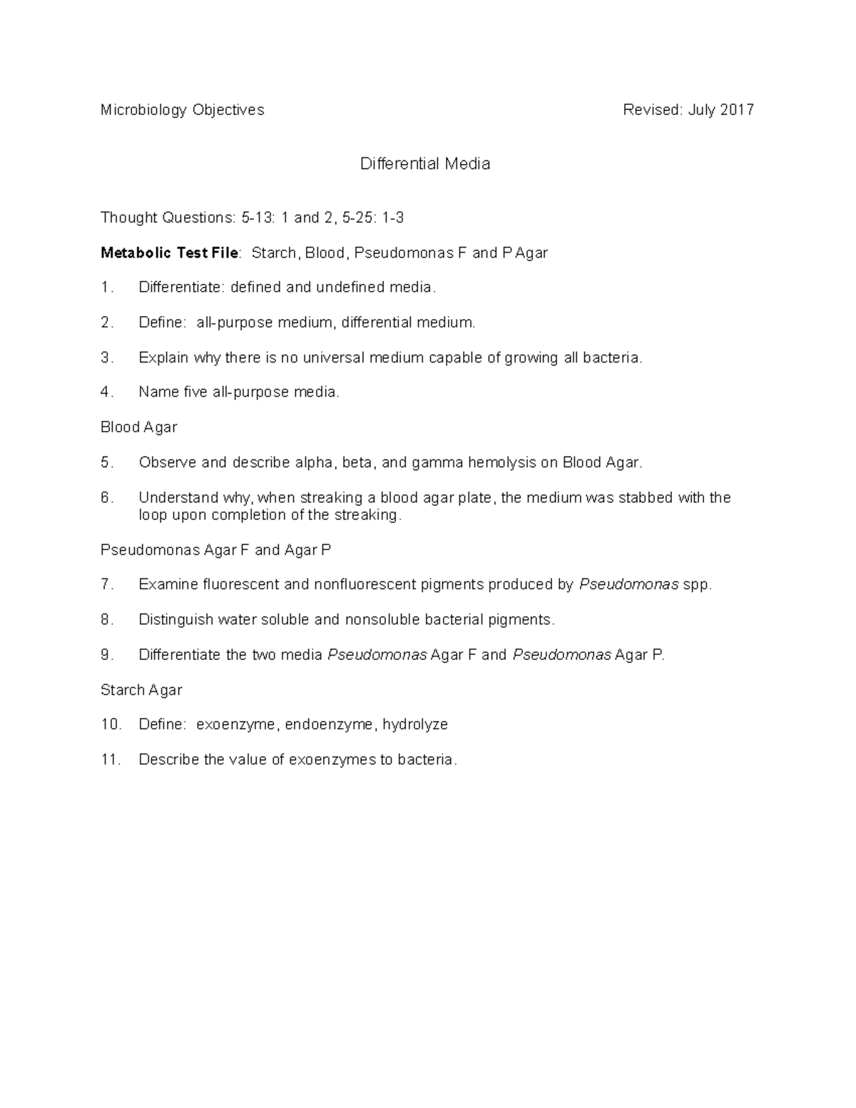 Obj Differential Media Su17 Microbiology Objectives Revised July