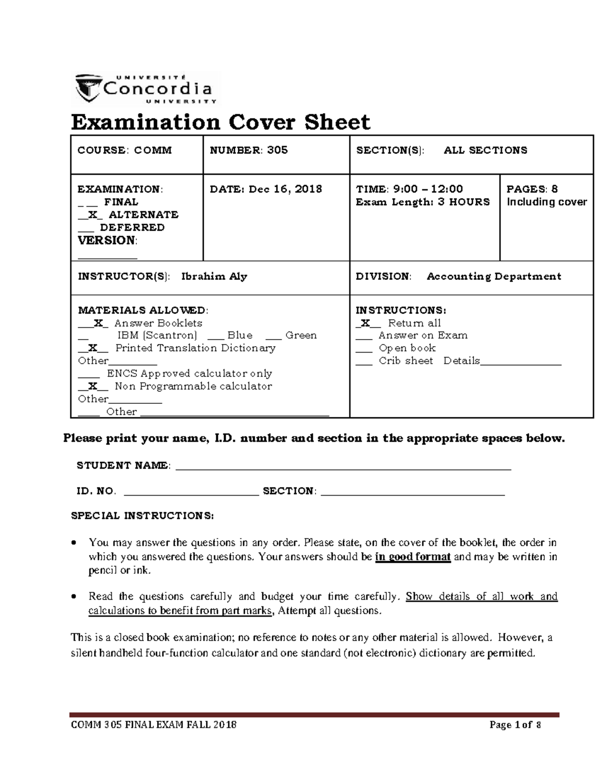 Final EXAM -WITH Solution-FALL 2018 - Examination Cover Sheet COURSE ...