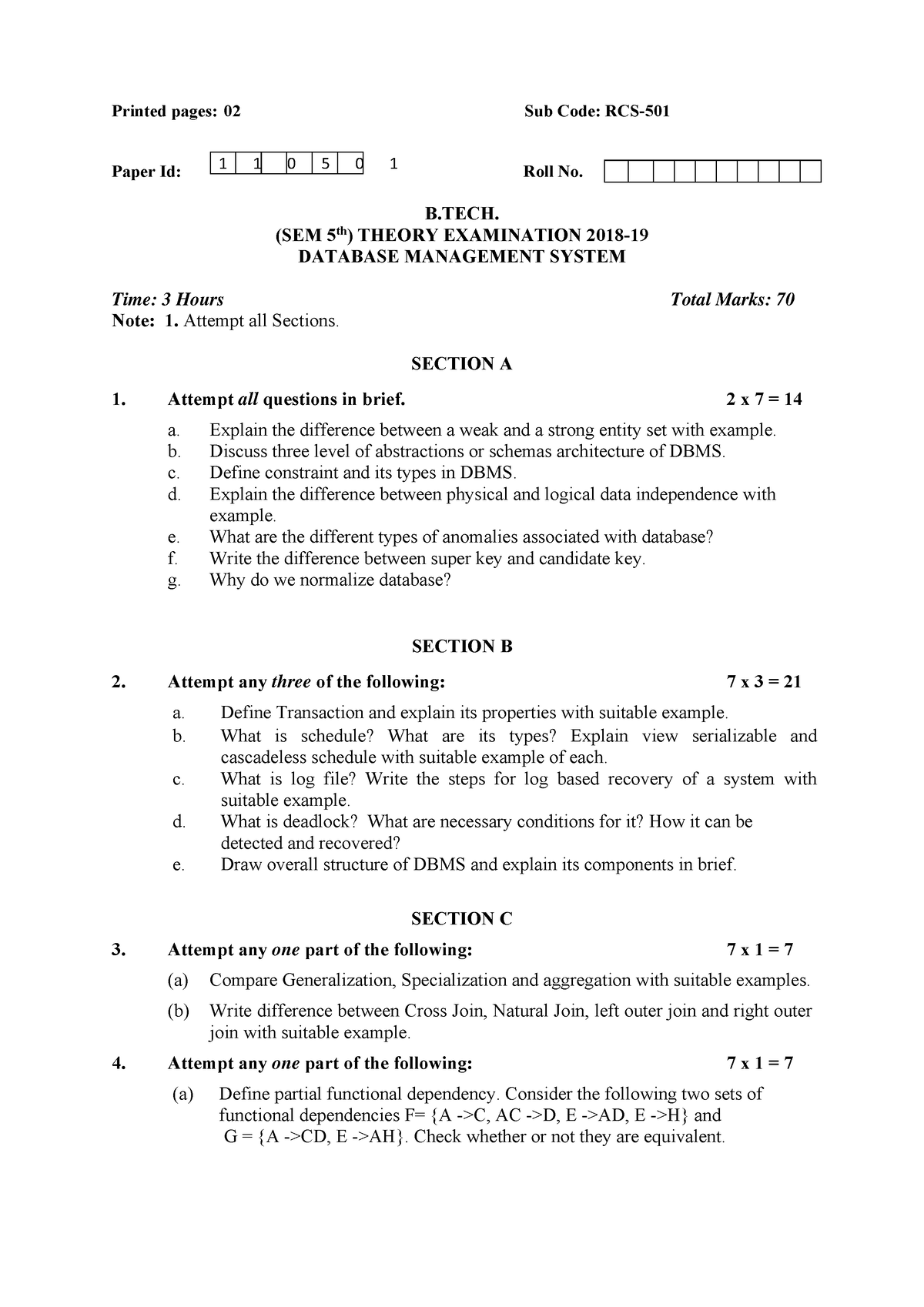 Btech cs 5 sem database management system rcs501 2019 - Printed pages ...