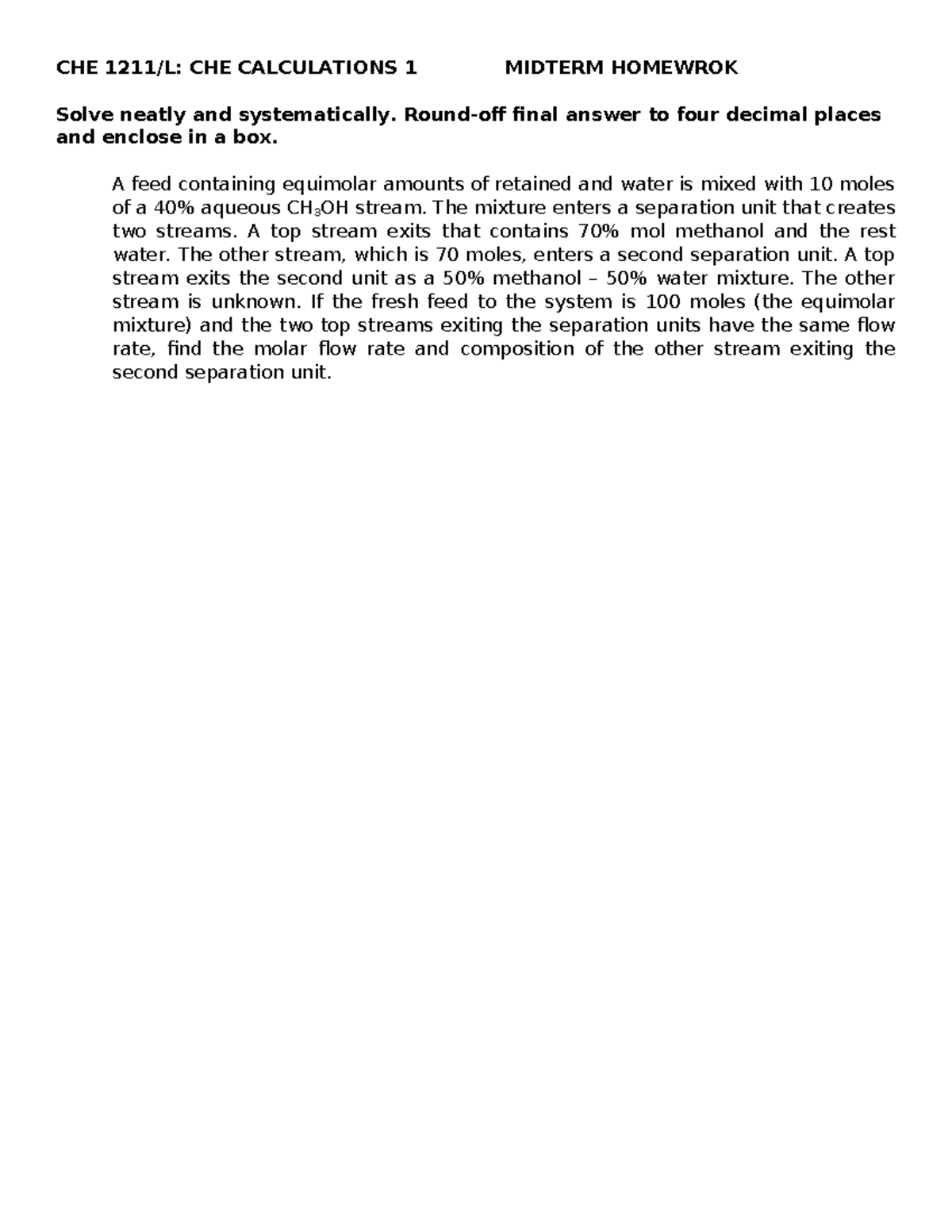 CHE 1211 - MHW - CHE 1211/L: CHE CALCULATIONS 1 MIDTERM HOMEWROK Solve ...