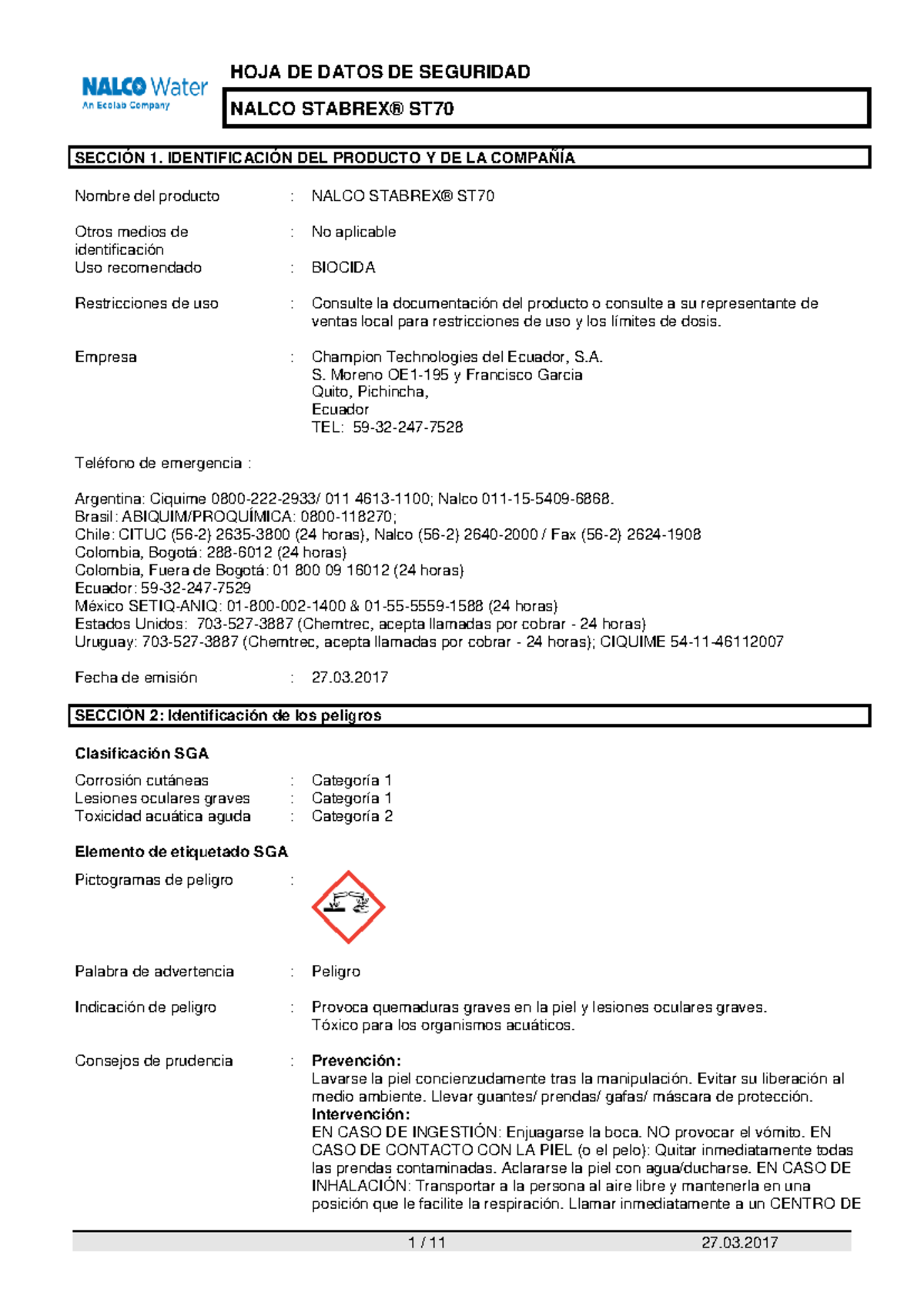 Pdfcoffee - NALCO STABREX® ST SECCIÓN 1. IDENTIFICACIÓN DEL PRODUCTO Y ...