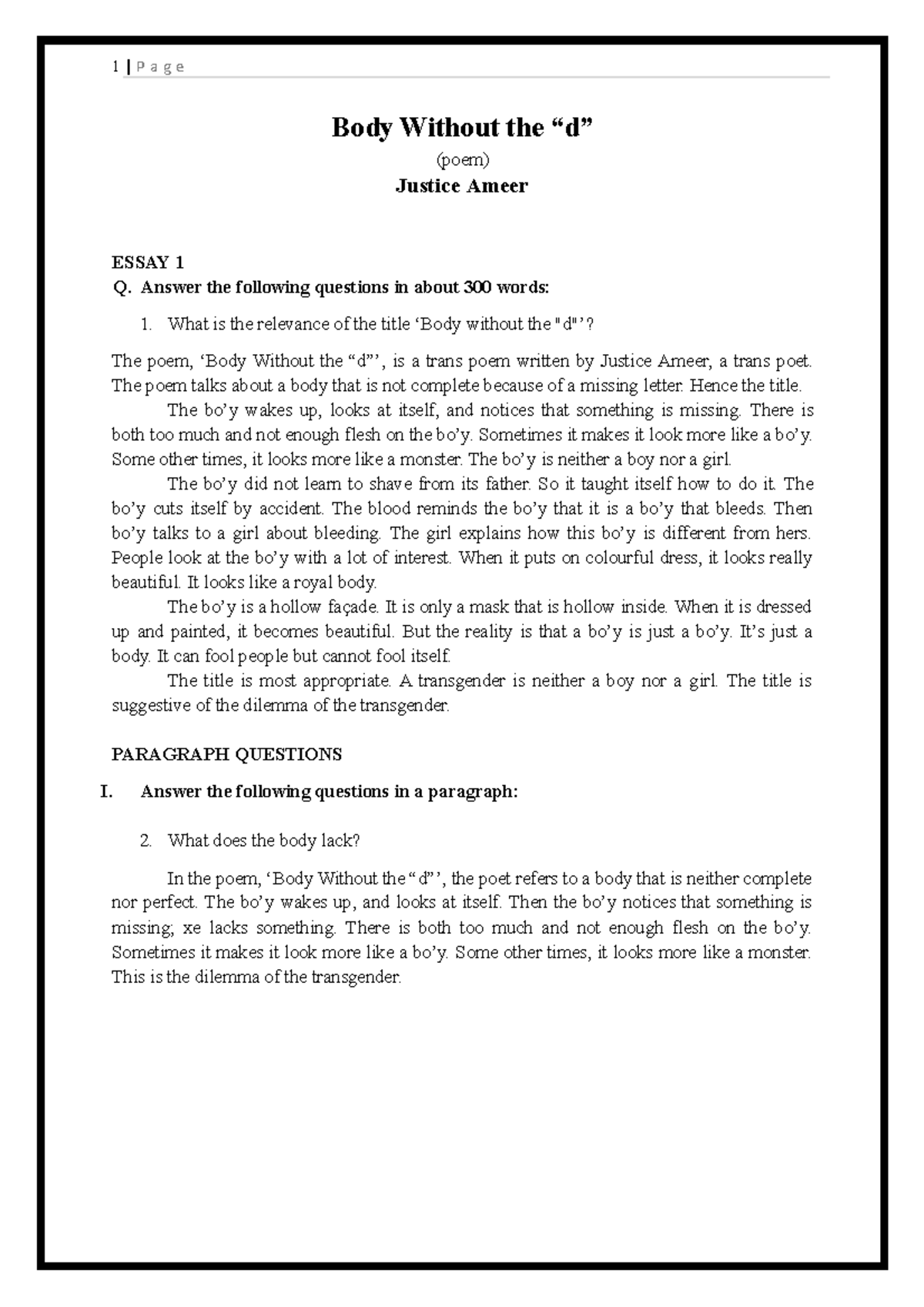 Body without the D Lecture note 1 P a g e Body Without the “d