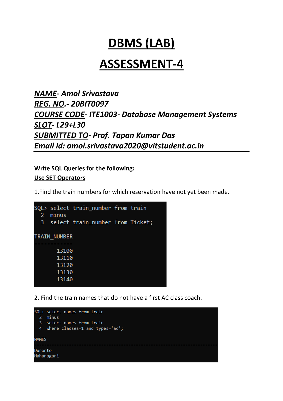 dbms lab assignments