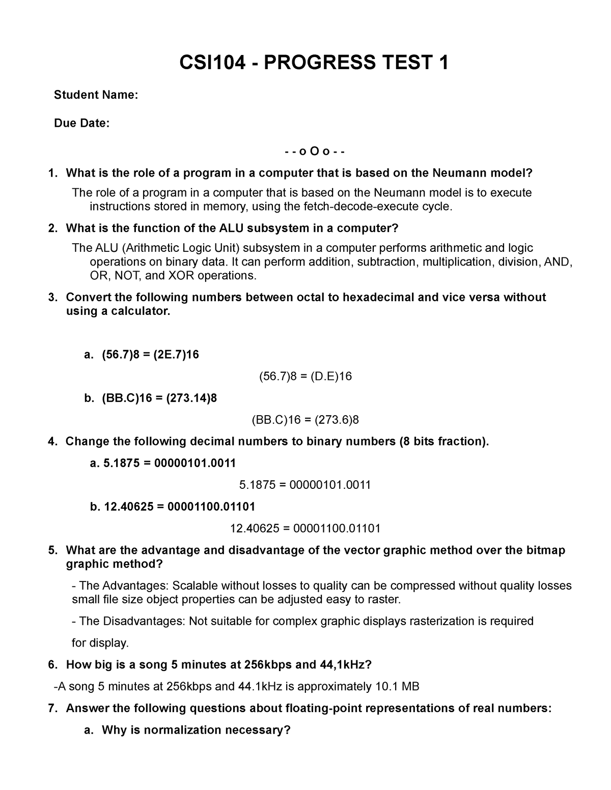 Progress Test1 - Hehehee - CSI104 - PROGRESS TEST 1 Student Name: Due ...