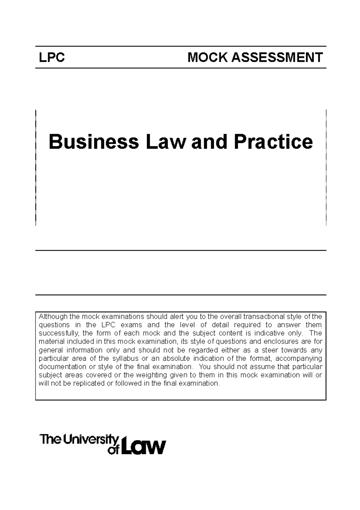 BLP MOCK exam assessment LPC MOCK ASSESSMENT Business Law and