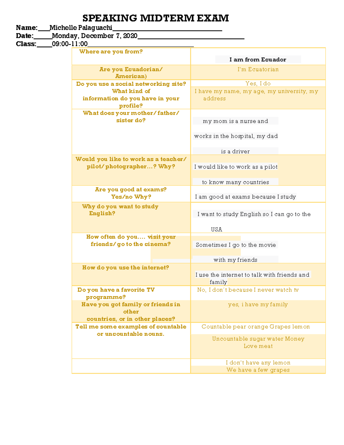 Homework fs rtr t yhrthrt SPEAKING MIDTERM EXAM Name Michelle