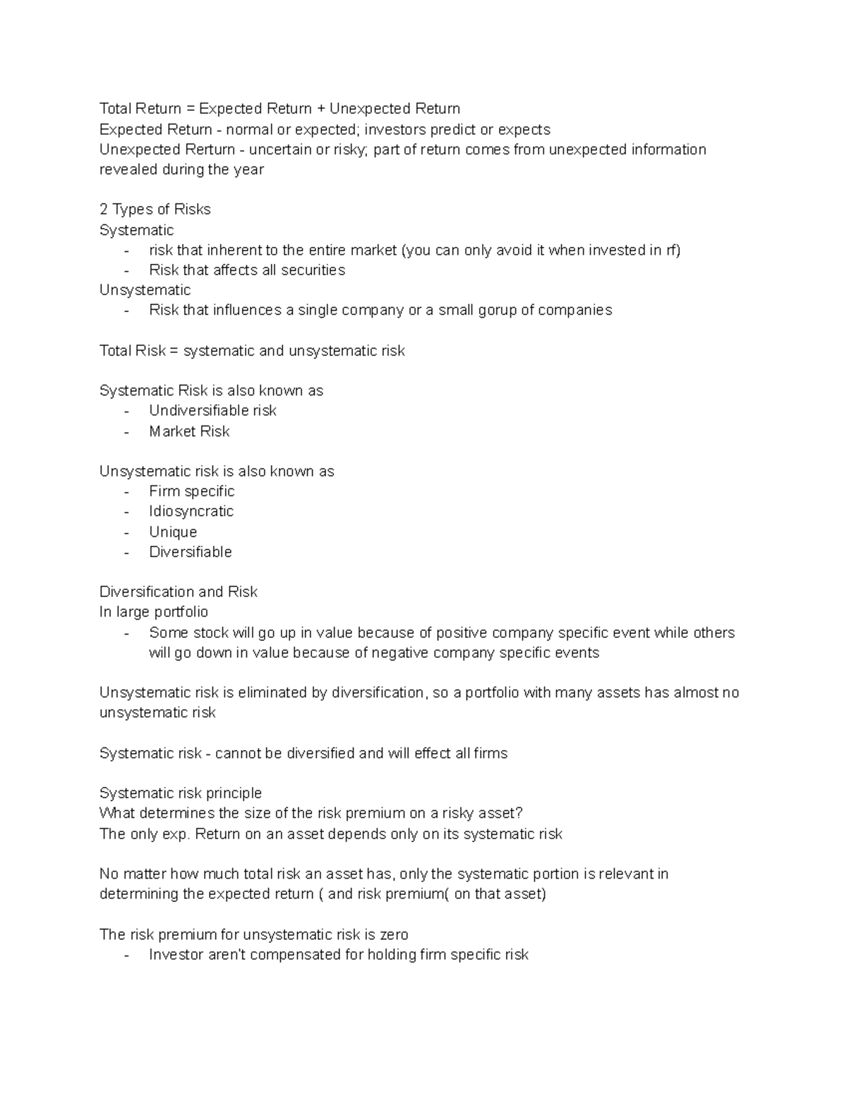 FIN430 TEST3 Review - Total Return = Expected Return + Unexpected ...