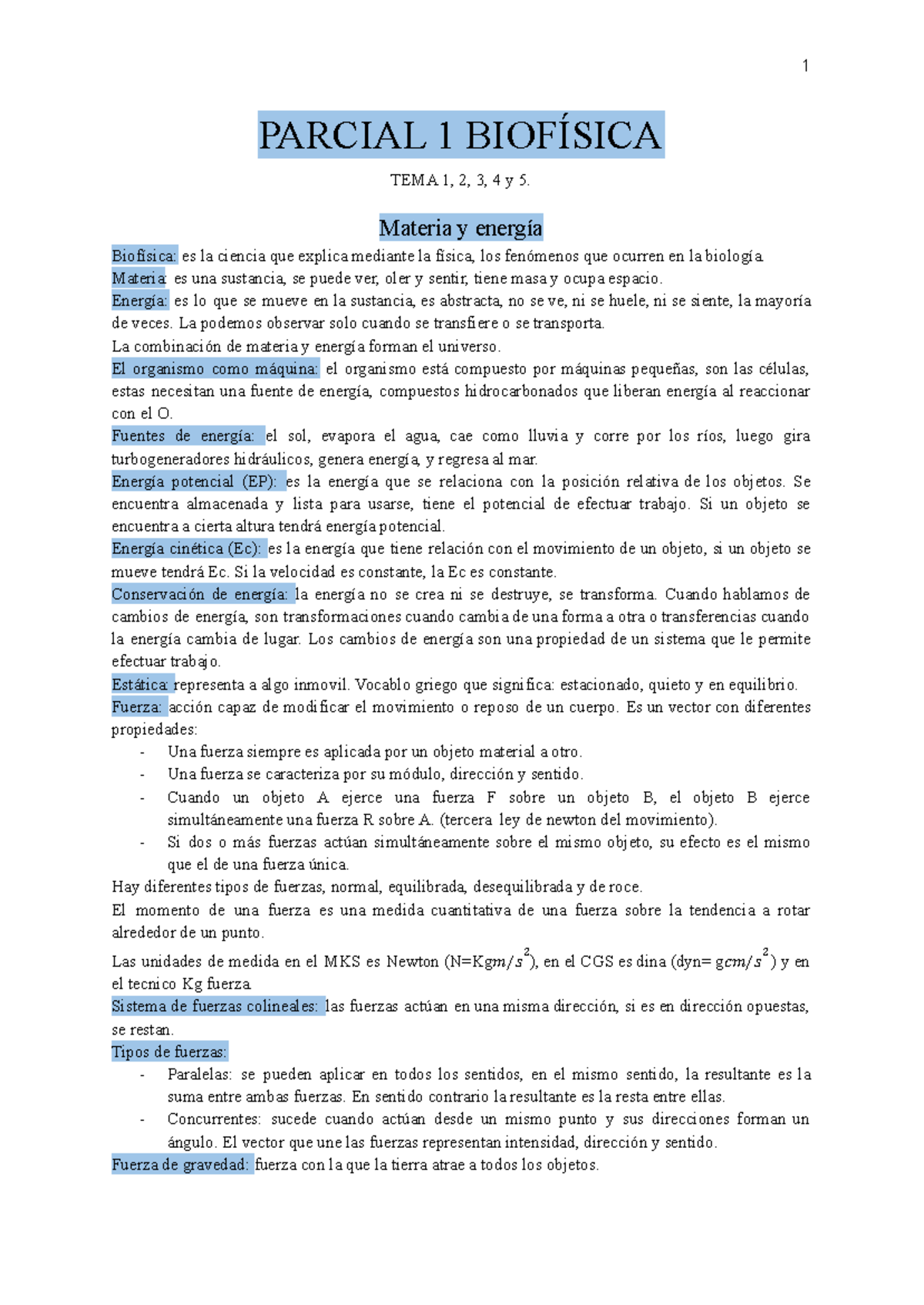 Parcial 1 Biofísica Parcial 1 BiofÍsica Tema 1 2 3 4 Y 5