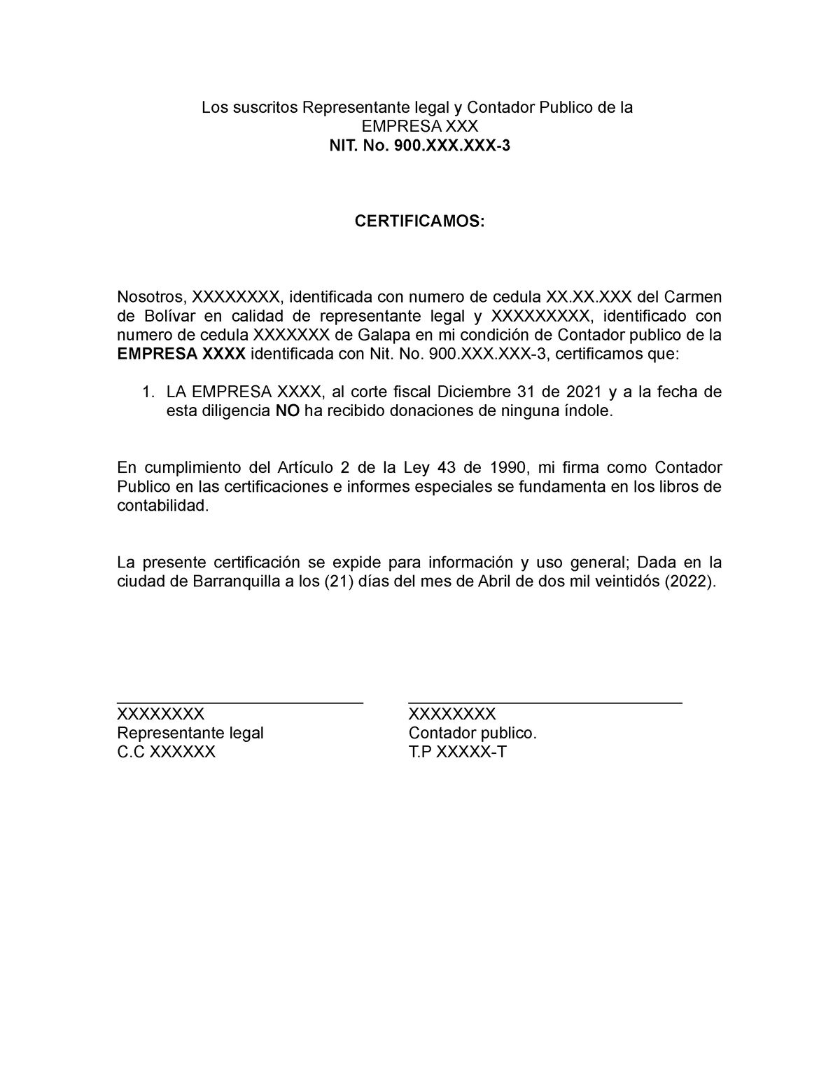 Modelo Cerificacion No Donaciones Los Suscritos Representante Legal Y