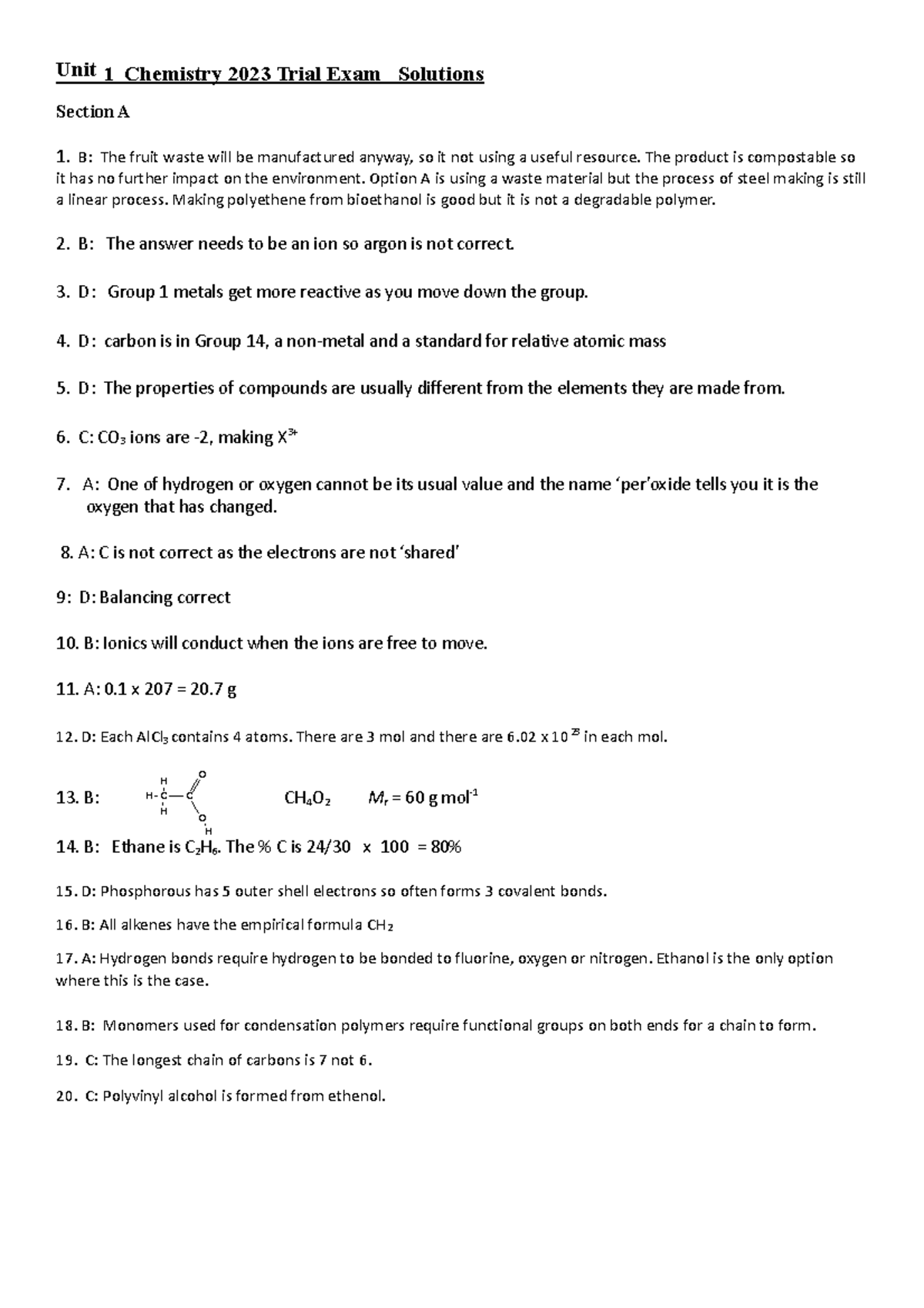 Unit 1 Chemistry Trial Exam Solutions - Unit 1 Chemistry 2023 Trial ...