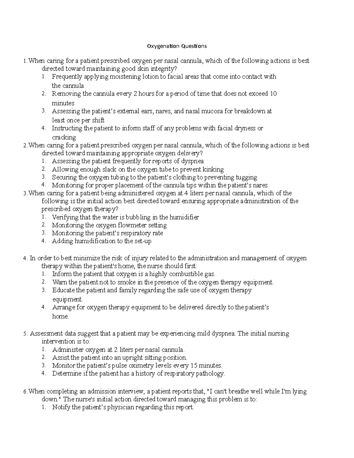 Oxygenation Questions and Answers Studocu
