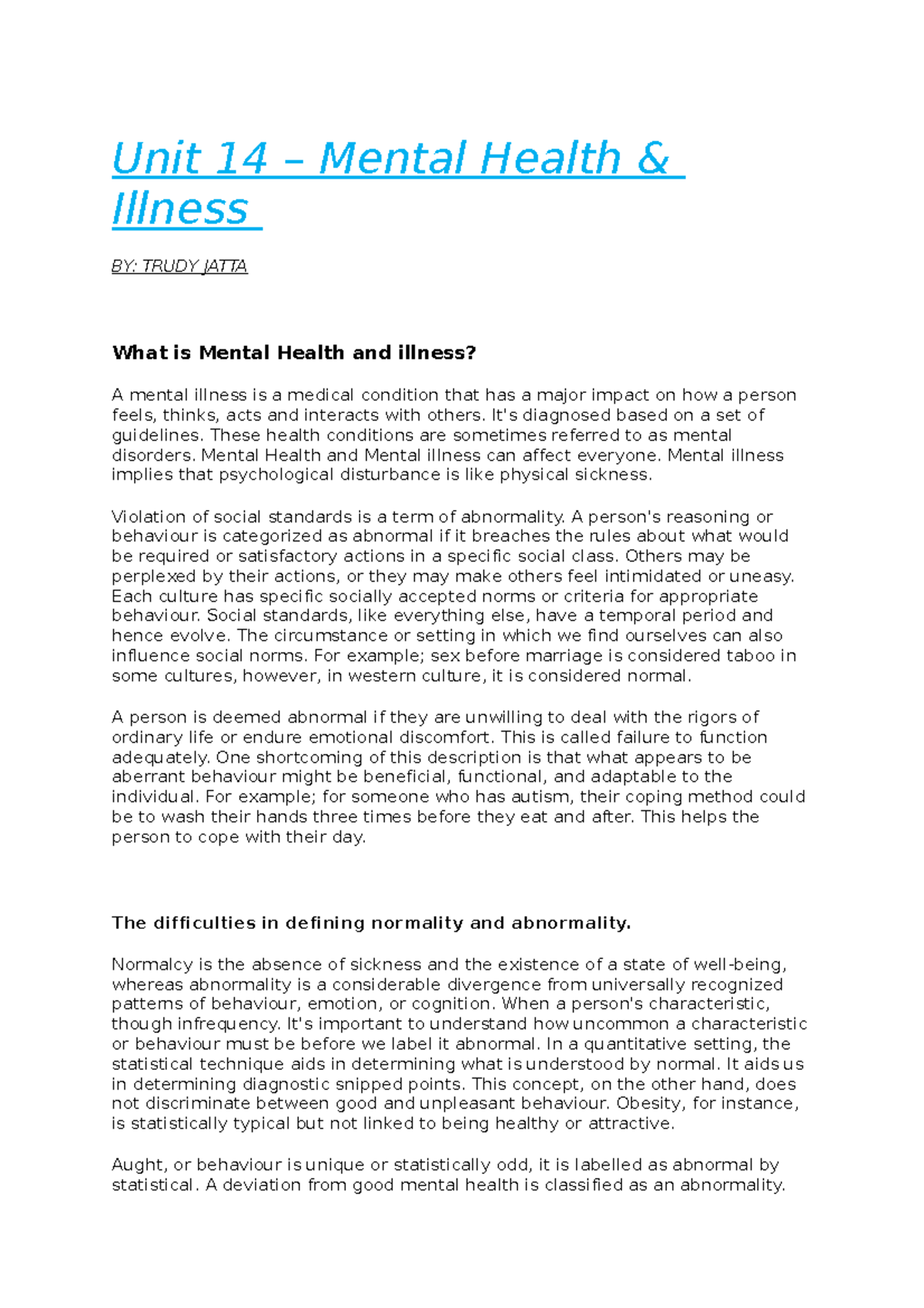 Unit 14 mental health and illnesses Unit 14 Mental Health