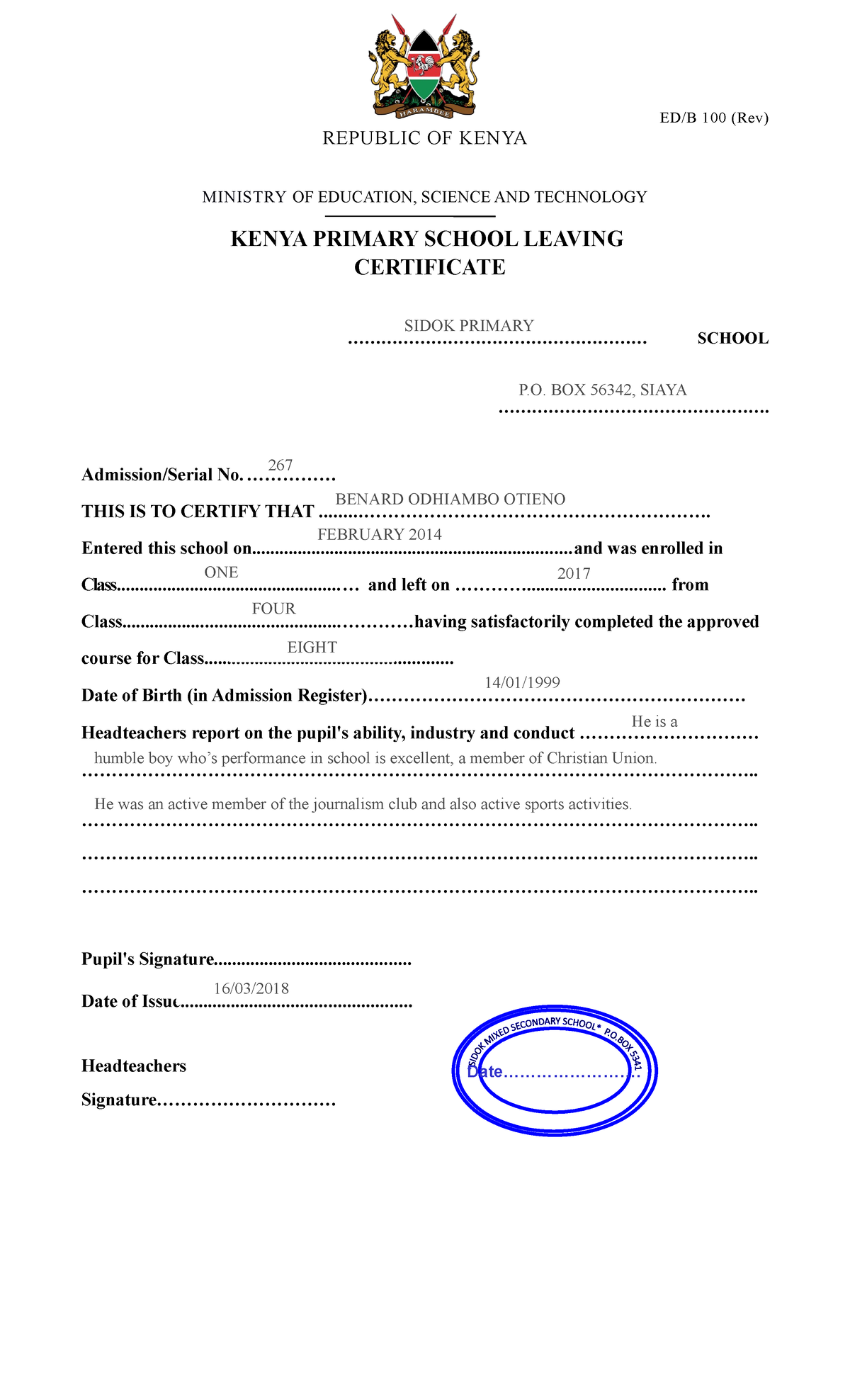 Leaving Certificate FOR Primary Date ED B