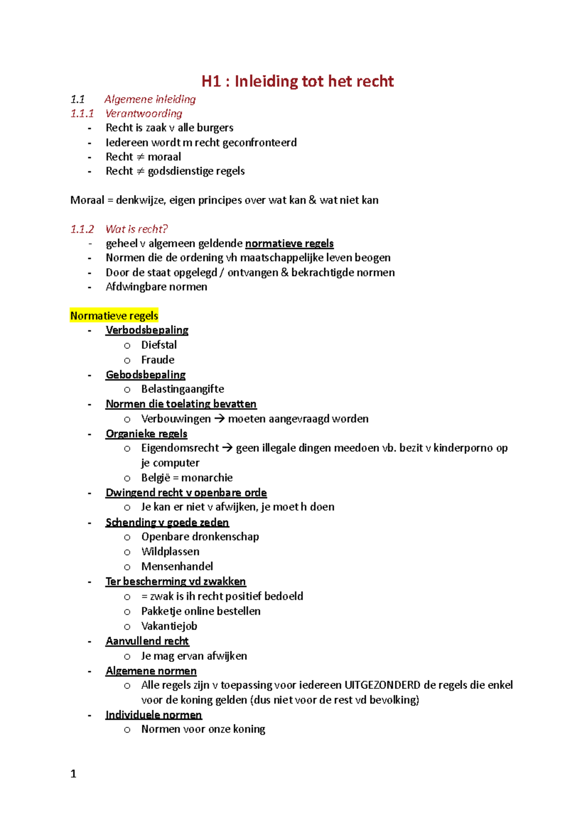 Deel 1 Inleiding Tot H Recht - H1 : Inleiding Tot Het Recht 1 Algemene ...