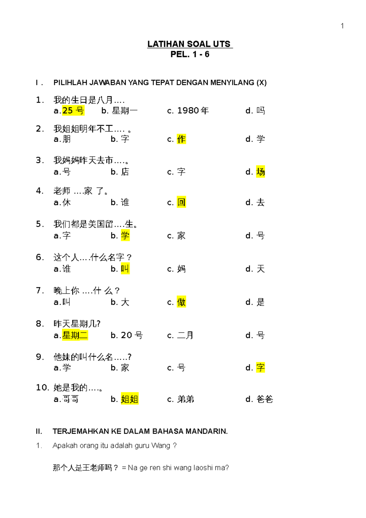 Latihan UTS1 Mandarin - Mandarin - TSM - Studocu