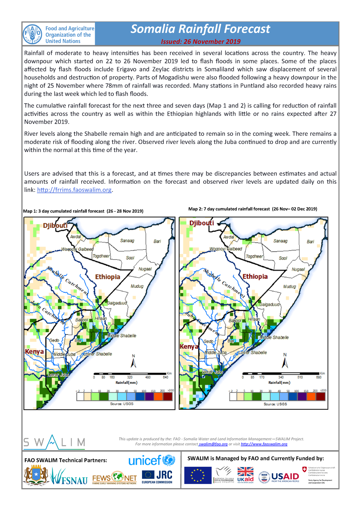 Somalia Rainfall Forecast 26112019 - Rainfall of moderate to heavy ...