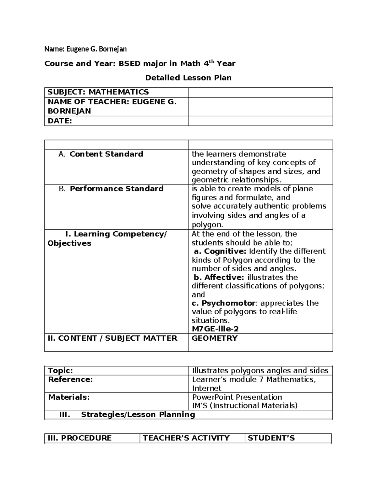 Lesson Plan 5 - Name: Eugene G. Bornejan Course and Year: BSED major in ...