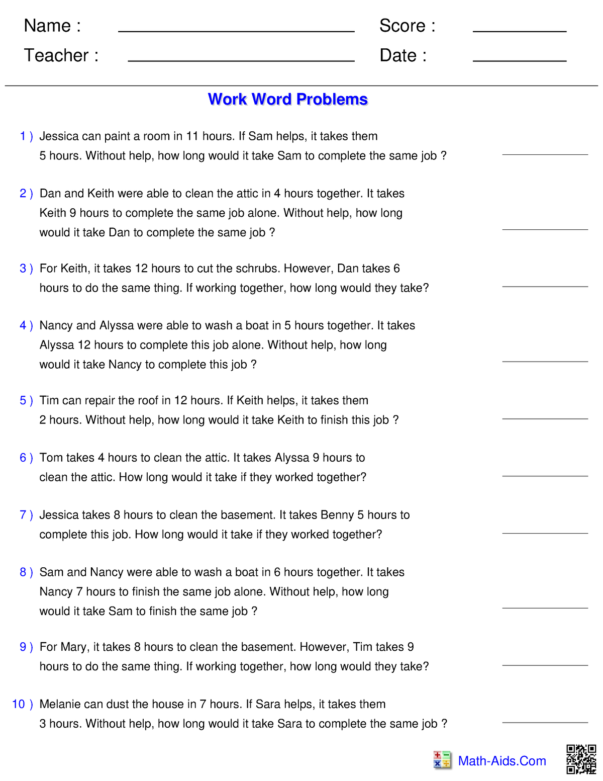 1 - This Math Worksheet For Kids - Name : Teacher : Date : Score : Math ...