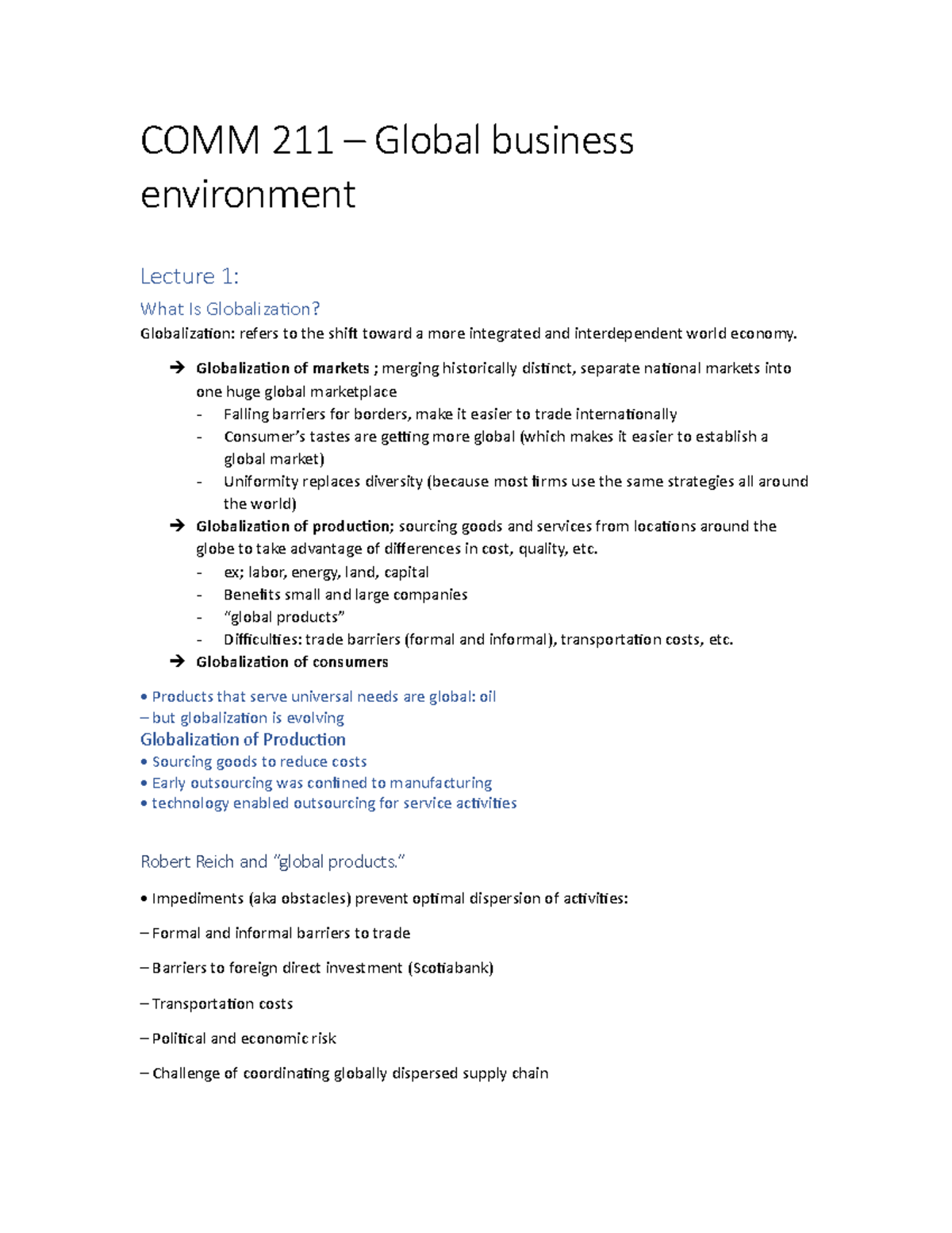 Comm 211 - notes for quiz 1 - COMM 211 – Global business environment ...
