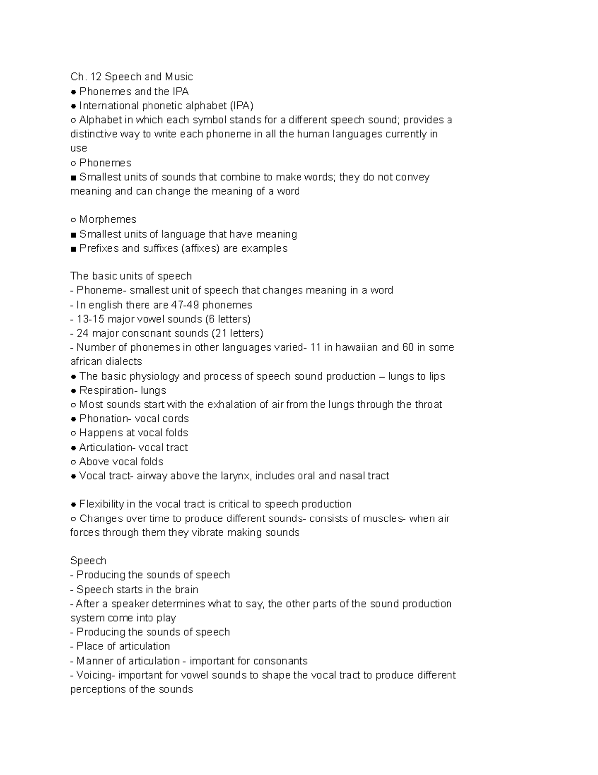 Chapter 12 exam 3 review - Ch. 12 Speech and Music Phonemes and the IPA ...