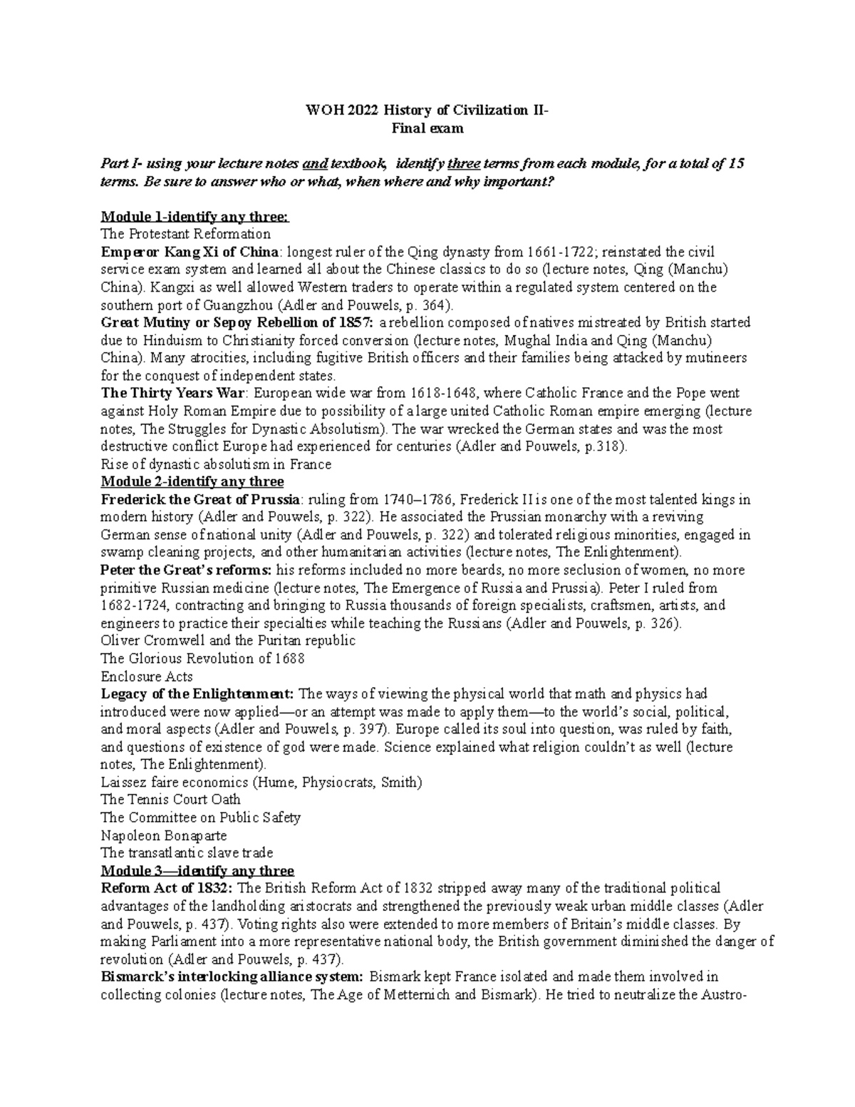 Take home final exam summer world history - WOH 2022 History of ...