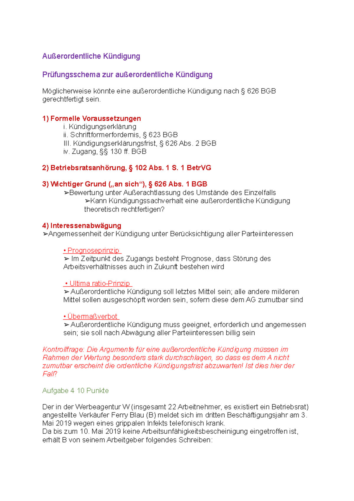 Außerordentliche Kündigung Außerordentliche Kündigung Prüfungsschema