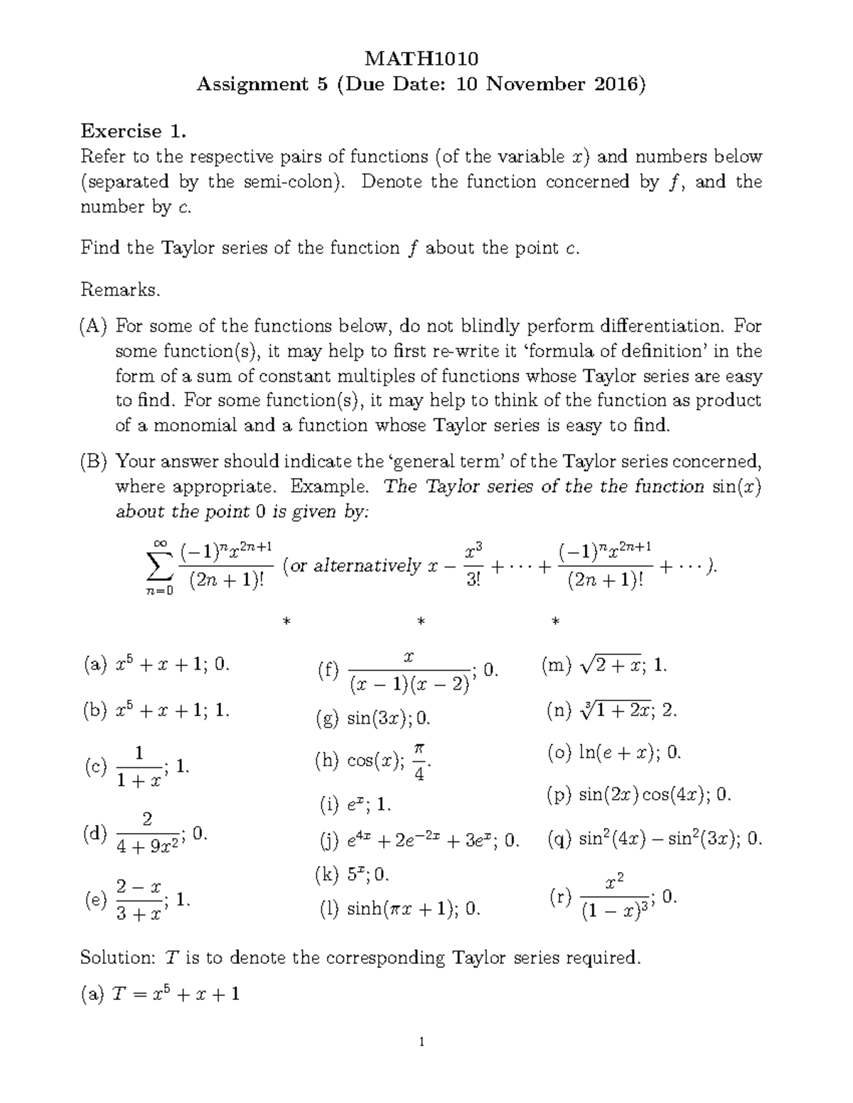 Assignment 5 solution - MATH Assignment 5 (Due Date: 10 November 2016 ...