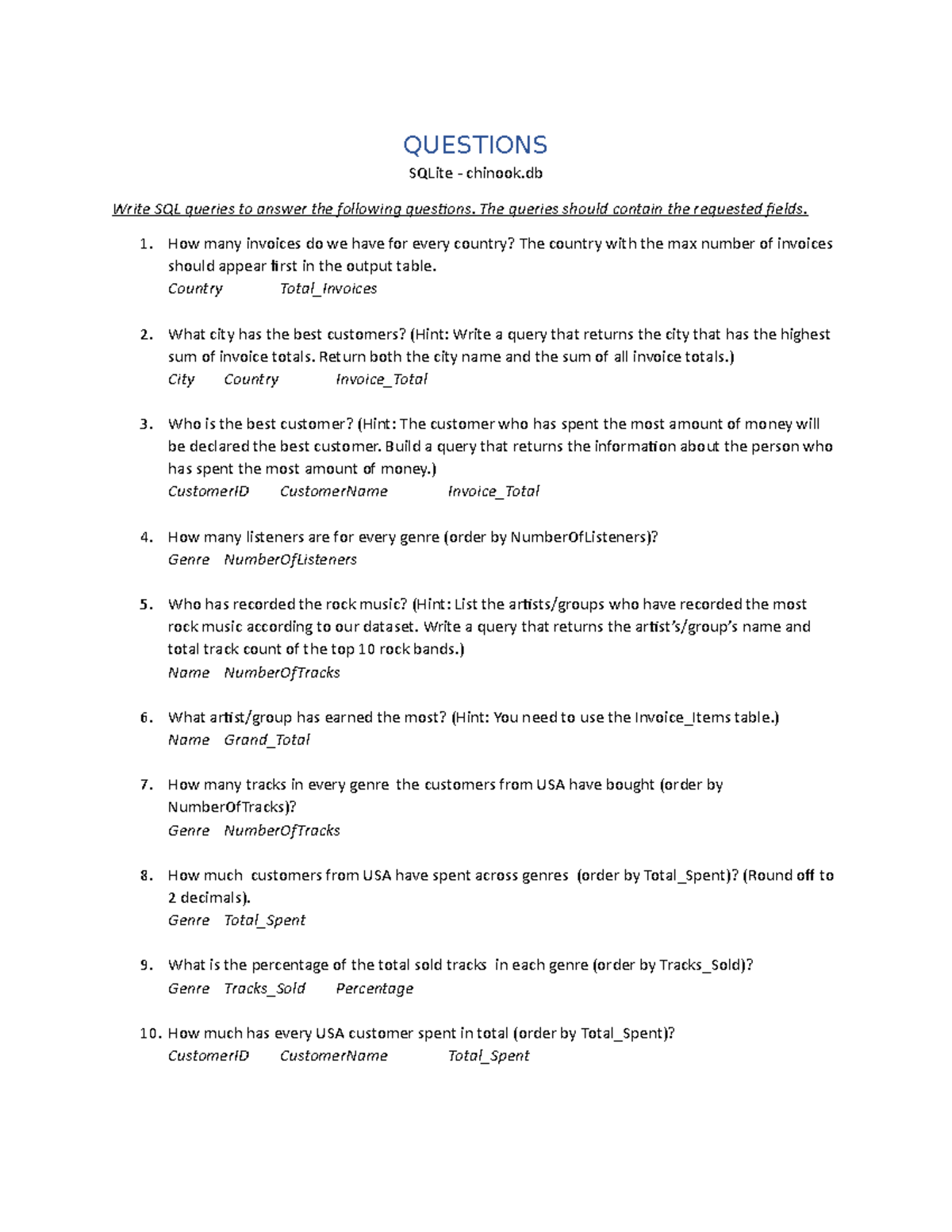 SQLite Questions - Assignment and Lecture Notes - QUESTIONS SQLite ...