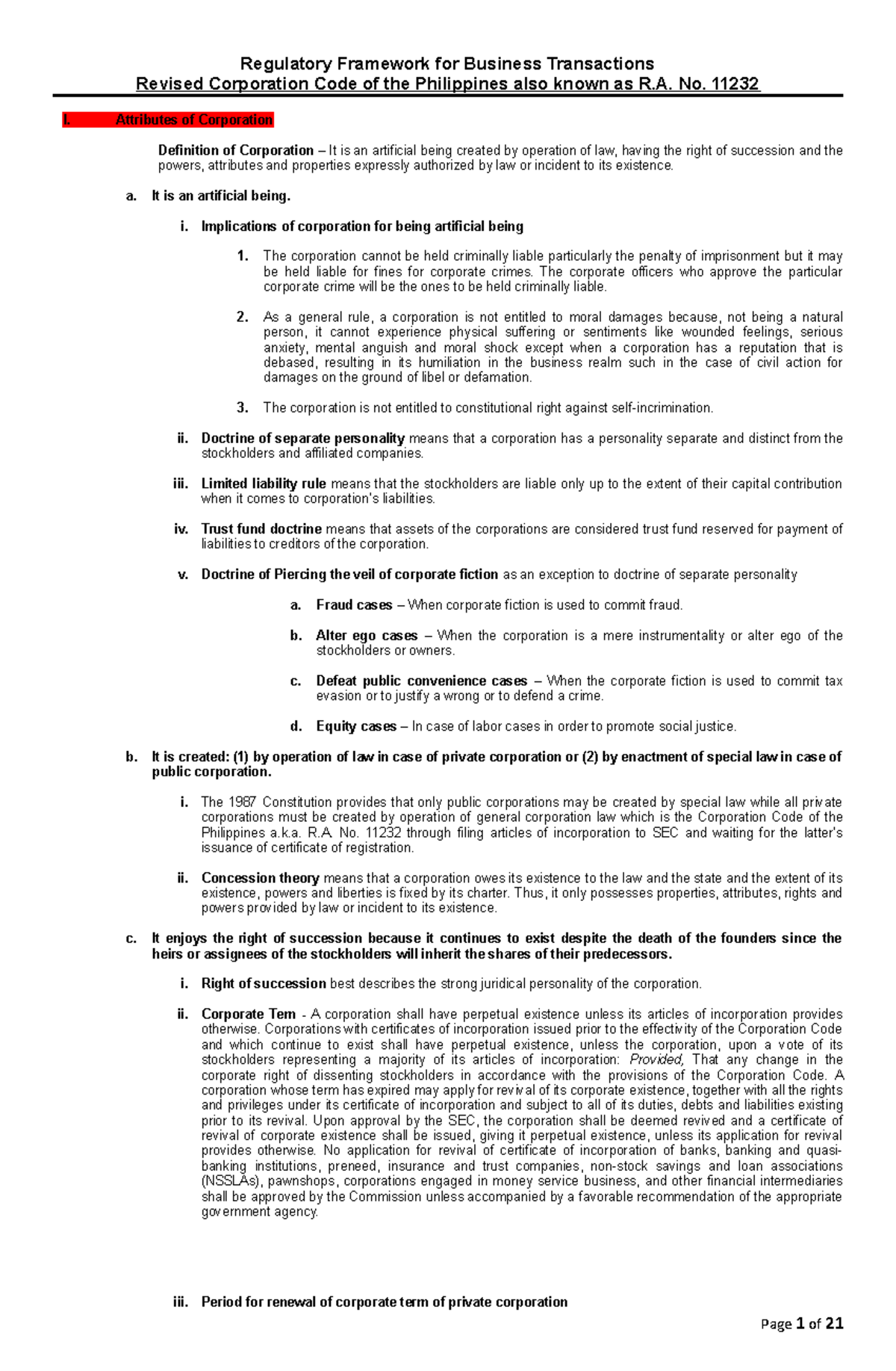 Revised Corporation Code Notes-1 - Regulatory Framework for Business ...